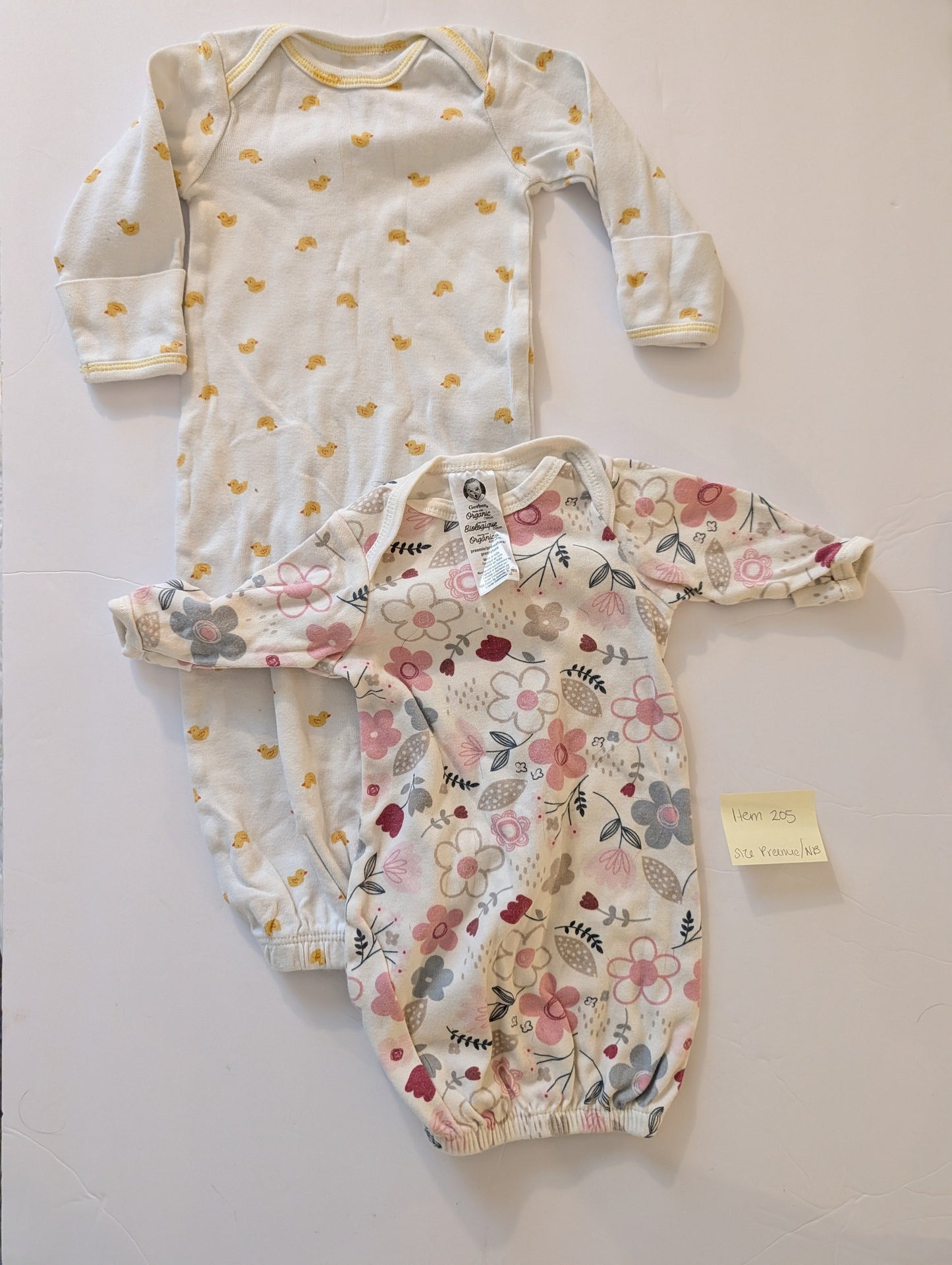 Seller 97, Gerber Organices Floral Night Gown & Duck Night Gown, baby girl size Preemie-NB (item 205)