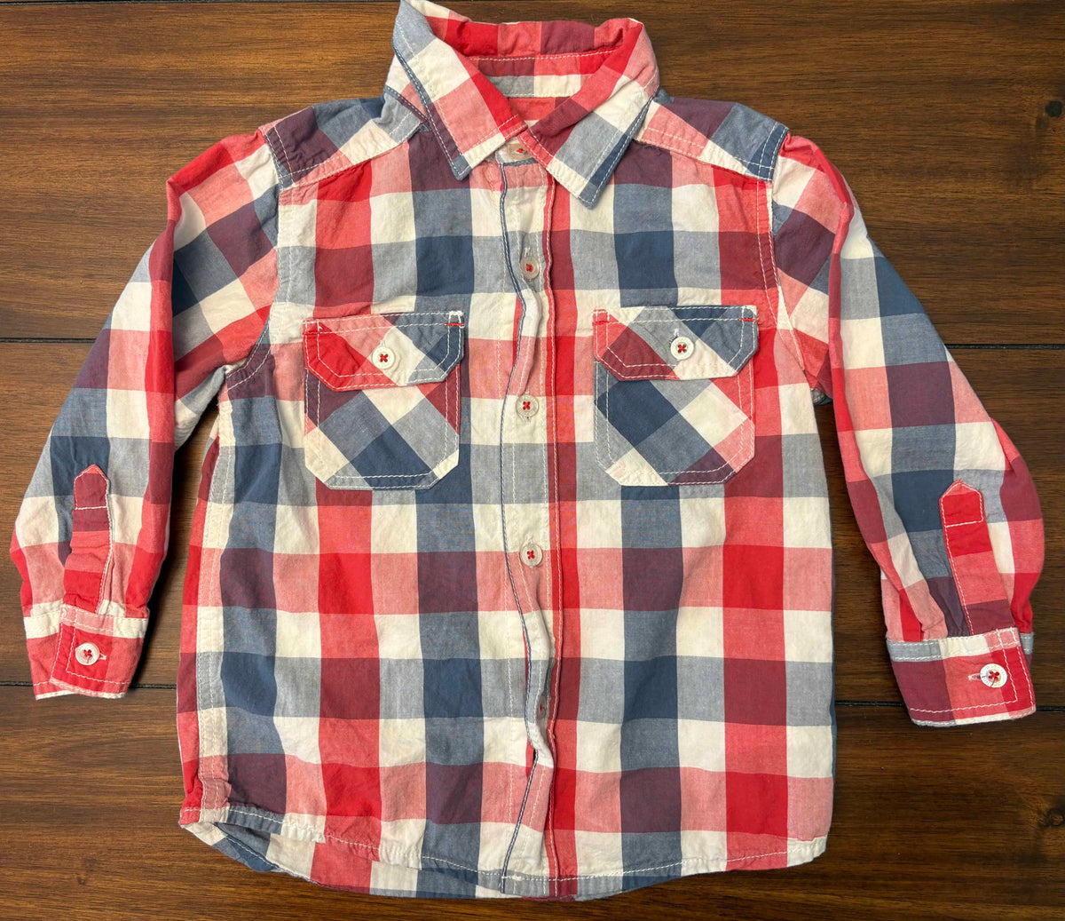 #197 Pumpkin Patch Boys Size 3 Red White & Blue Buffalo Plaid Long Sleeve Button Down Dress Shirt