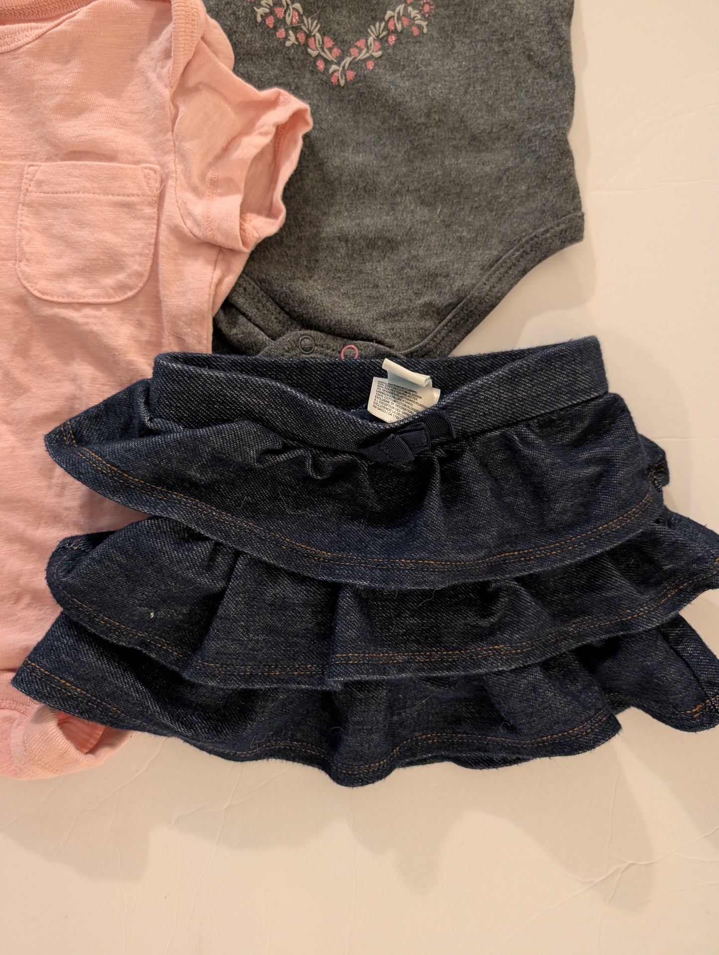 Seller 97, Jessica Simpson Onesie Bundle & Jean Ruffle Skirt, baby girl, size 3-6mo (item 230)