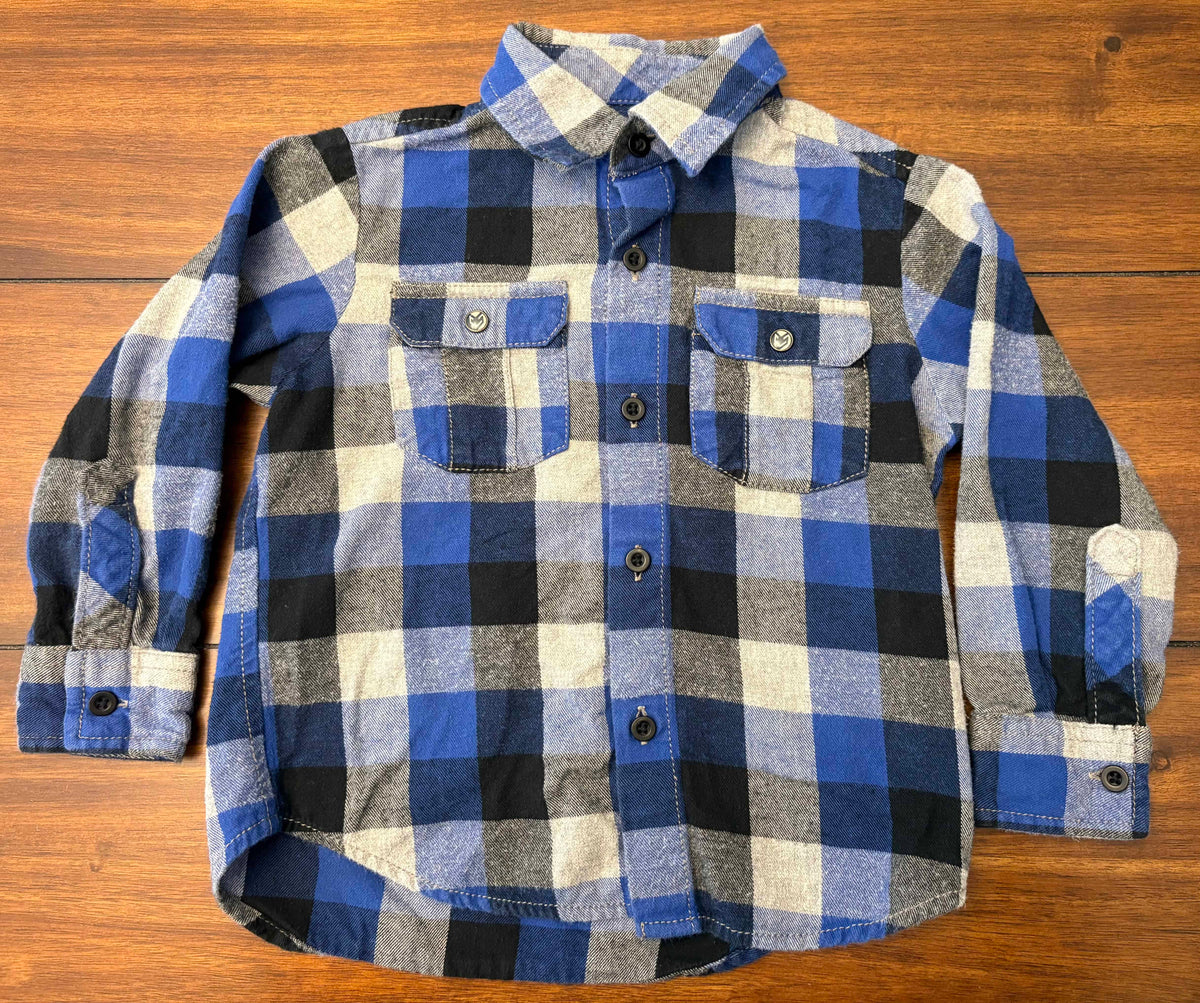 #197 Pure Stuff Boys Size 3 Blue Black & Gray Buffalo Plaid Long Sleeve Flannel Shirt