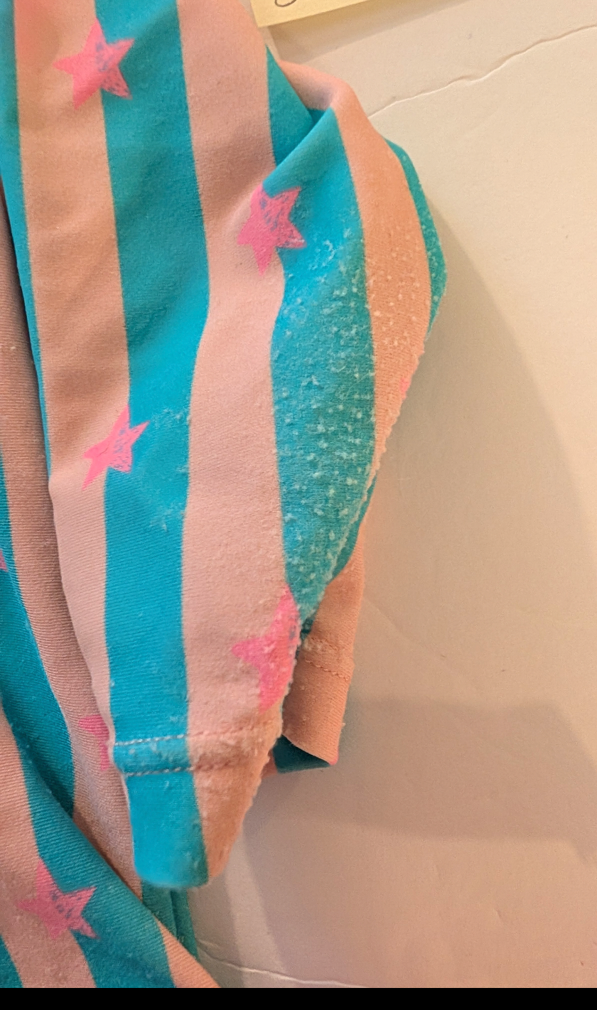 Seller 97, Ruffle Butts Pink & Blue Striped Swimsuit w/Pink Stars & Matching Pink Hat, baby, size 3-6mo (item 217)