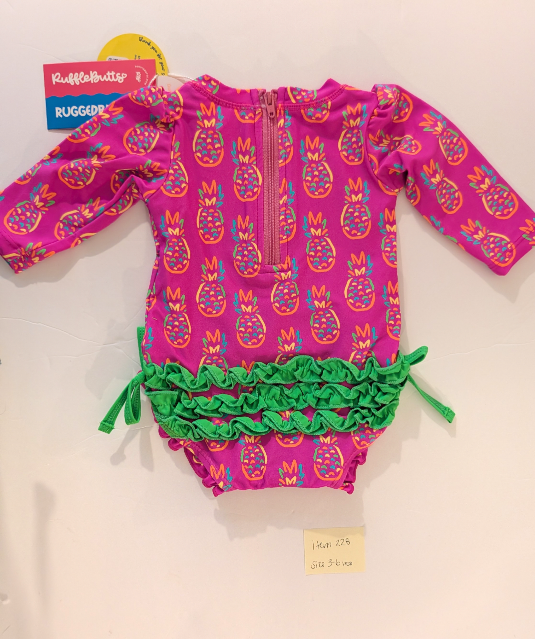 Seller 97, Ruffle Butts Neon Pink Pineapple Swimsuit w/Green ruffles on Butt, baby girl, size 3-6mo NWT (item 228)
