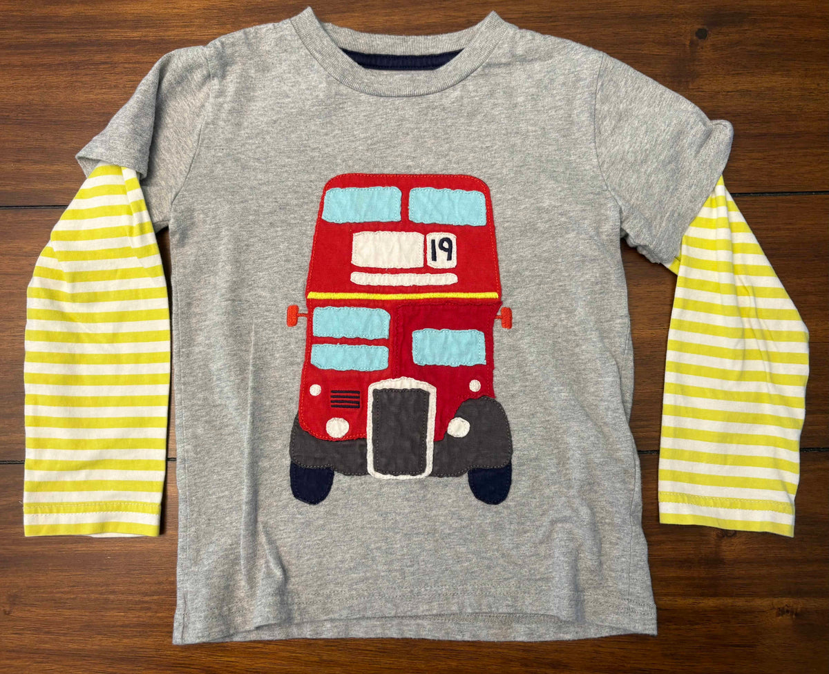 #197 Mini Boden Boys Size 3-4 Gray Embroidered London Bus Long Sleeve Top