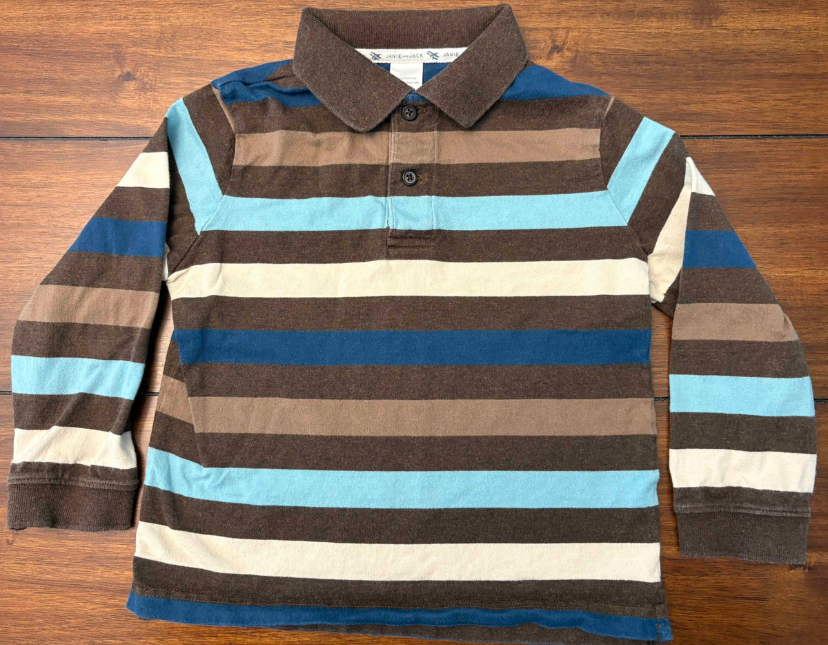 #197 Janie & Jack Boys Size 3 Brown Blue & Cream Striped Long Sleeve Polo Shirt