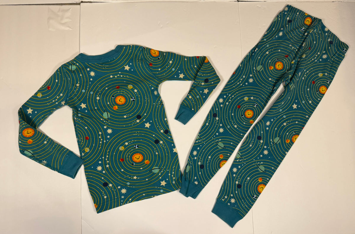 #141 Unisex Size 6-7 (120) Hanna Andersson Teal Solar System Long Sleeve Pajamas