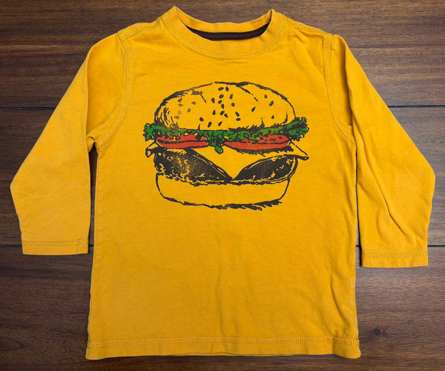 Seller #210 Baby Gap Boys Size 4 Mustard Hamburger Graphic Printed Long Sleeve Top