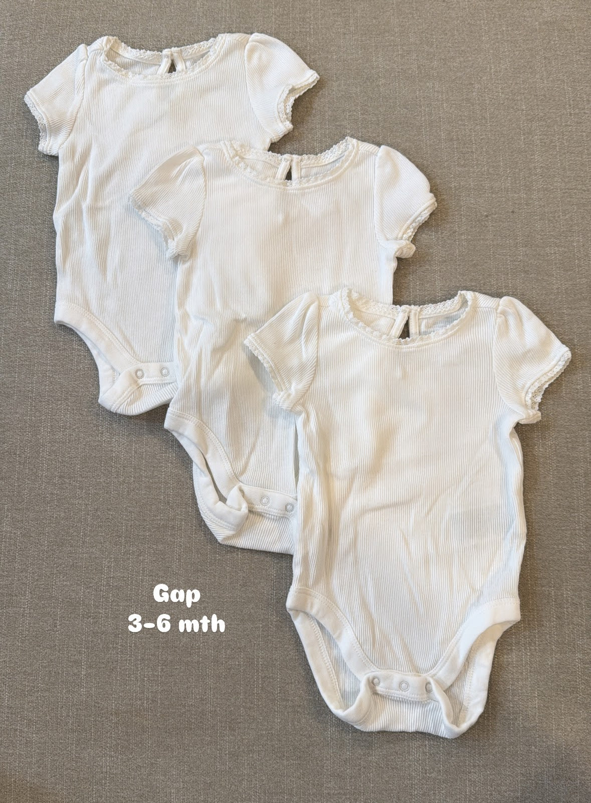 #145 Gap eyelet trim white onesies set of 3 Girls 3-6 mth EUC