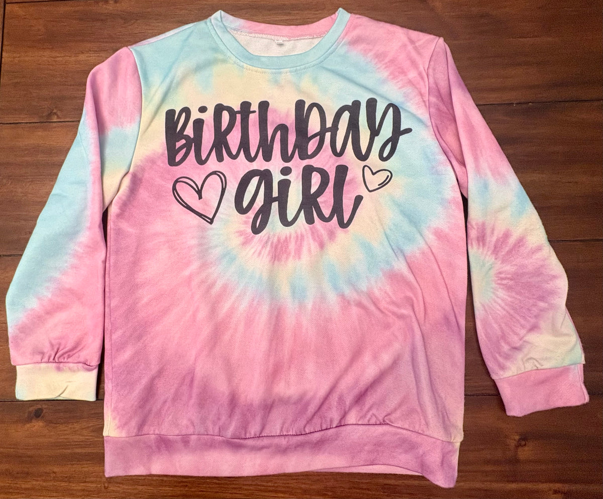 #197 Girls Size 10-12 (150) Pink & Blue Tie Died Birthday Girl Crew Sweatshirt