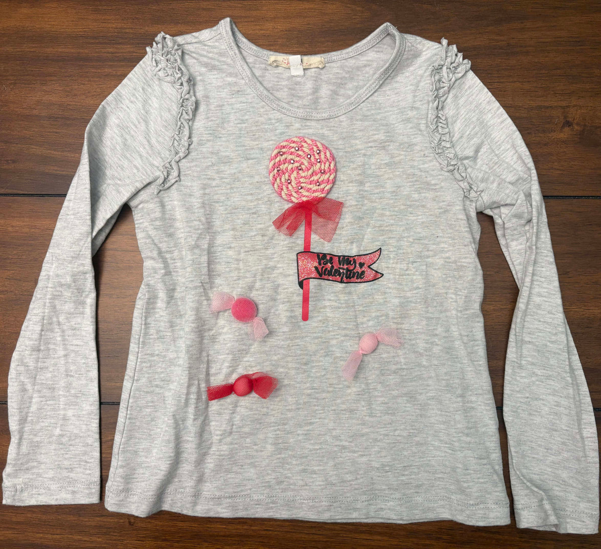 #197 Truly Me Girls Size 6 Gray Valentine's 3-D Lollipop Embellished Long Sleeve Top