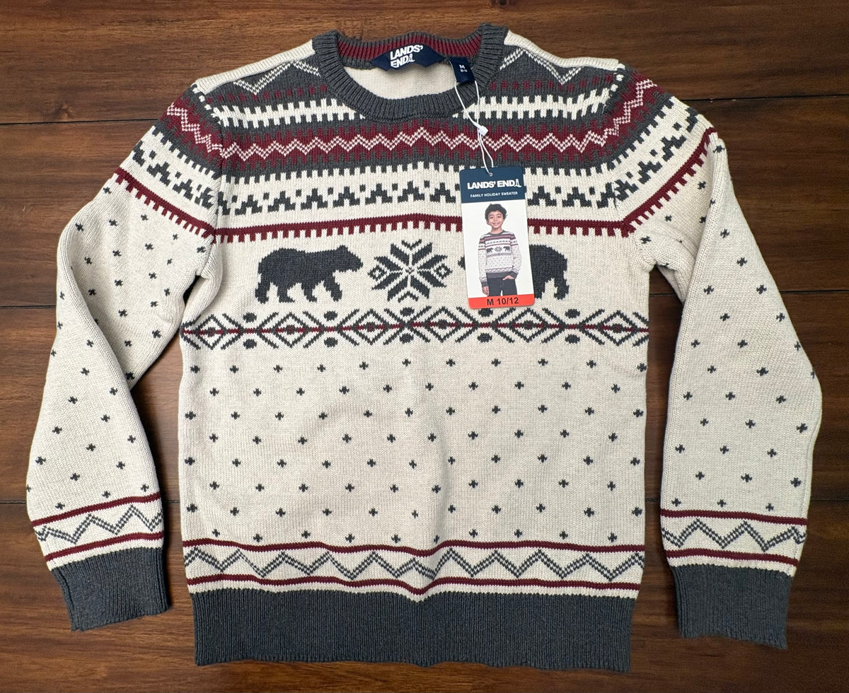 #197 Lands End Boys Size 10-12 (M) Cream Maroon & Gray Crew Sweater NWT