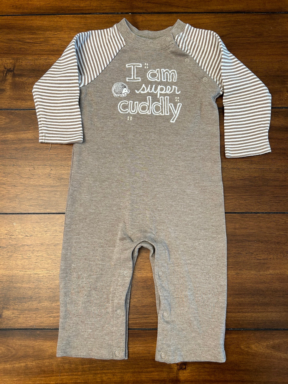 #197 Gymboree Boys Size 6-12M Brown "I Am Super Cuddly" Embroidered Hedgehog One Piece