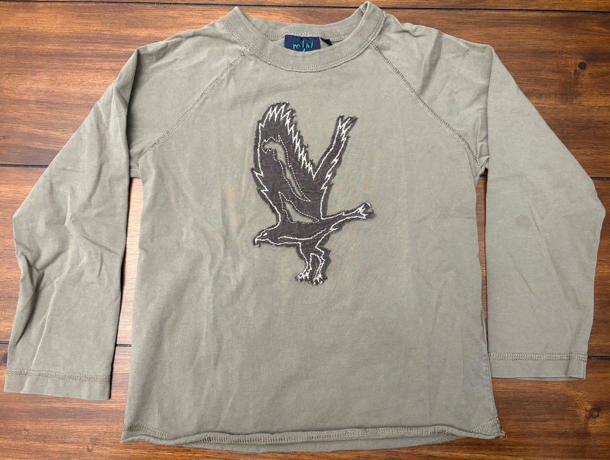 #197 Mini Boden Boys Size 5-6 Greige Hawk Embroidered Long Sleeve Top