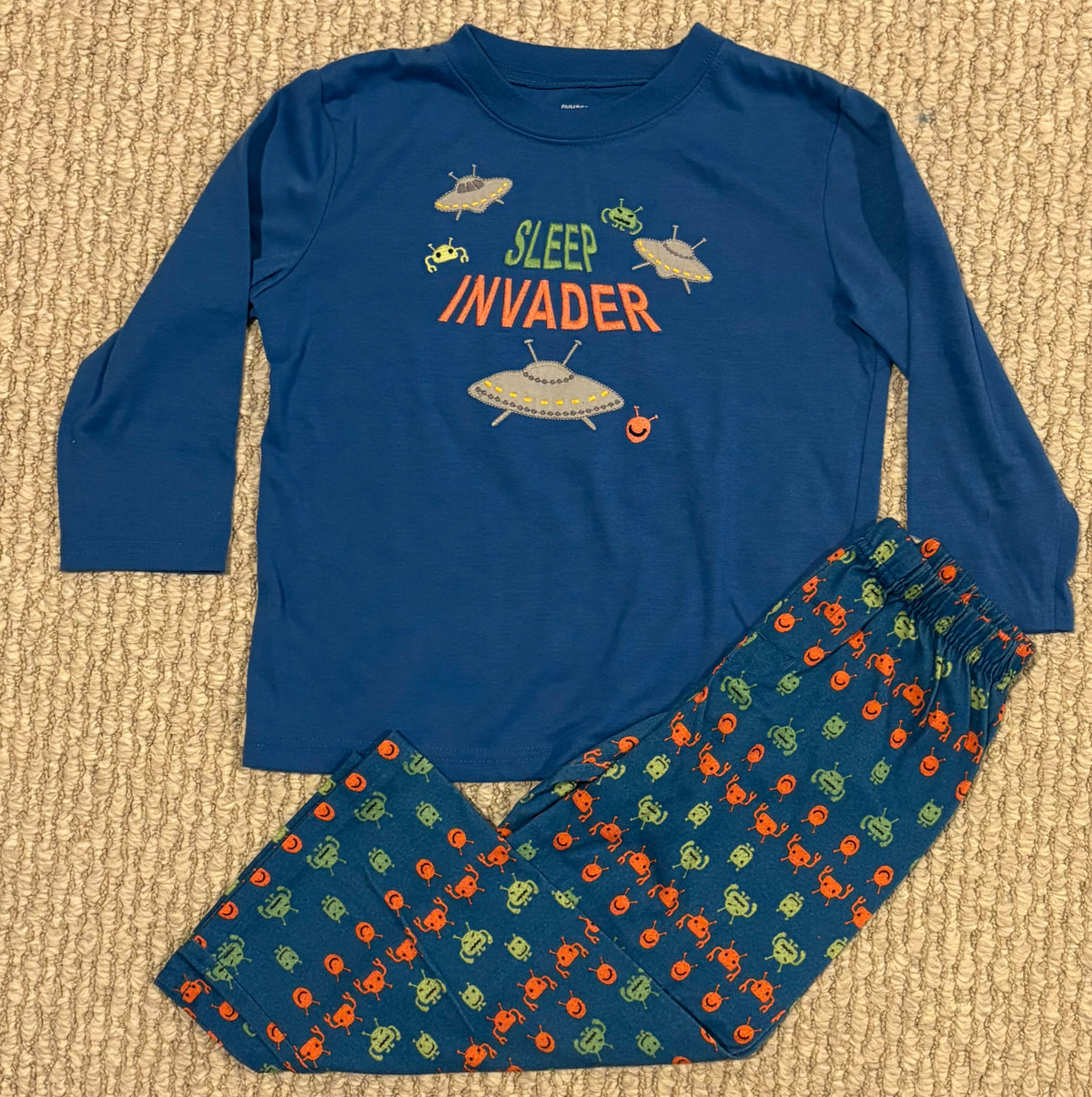 #197 Gymboree Boys Size 4 (XS) Blue Space Ship & Alien Long Sleeve Pajama Set