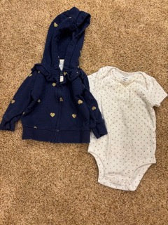 #47 girls 6mo navy and gold heart jacket and coordinating onesie
