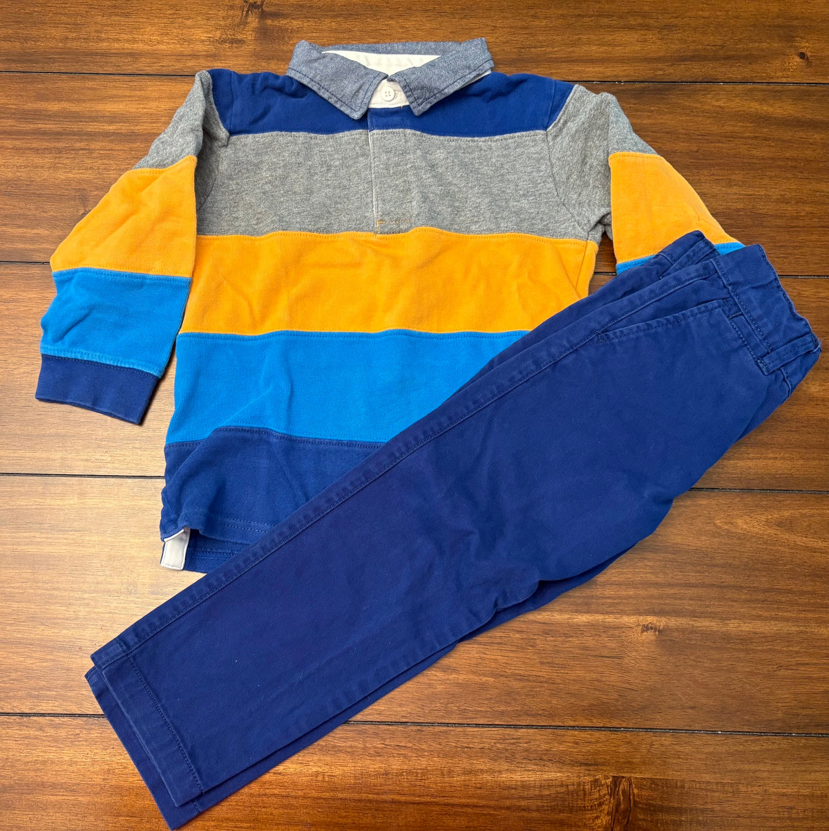 #197 Gymboree Boys Size 4 Blue Chino Pants & Striped Henley Outfit