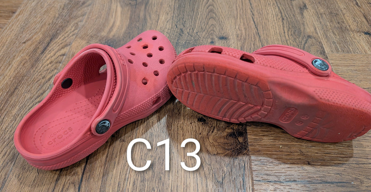#3 Red (faded) Crocs, size C13