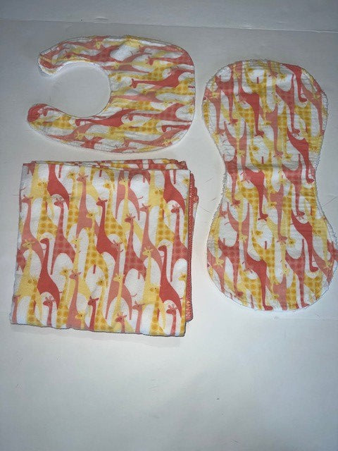 #78 handmade giraffe gift set includes bib, blanket, and burp cloth