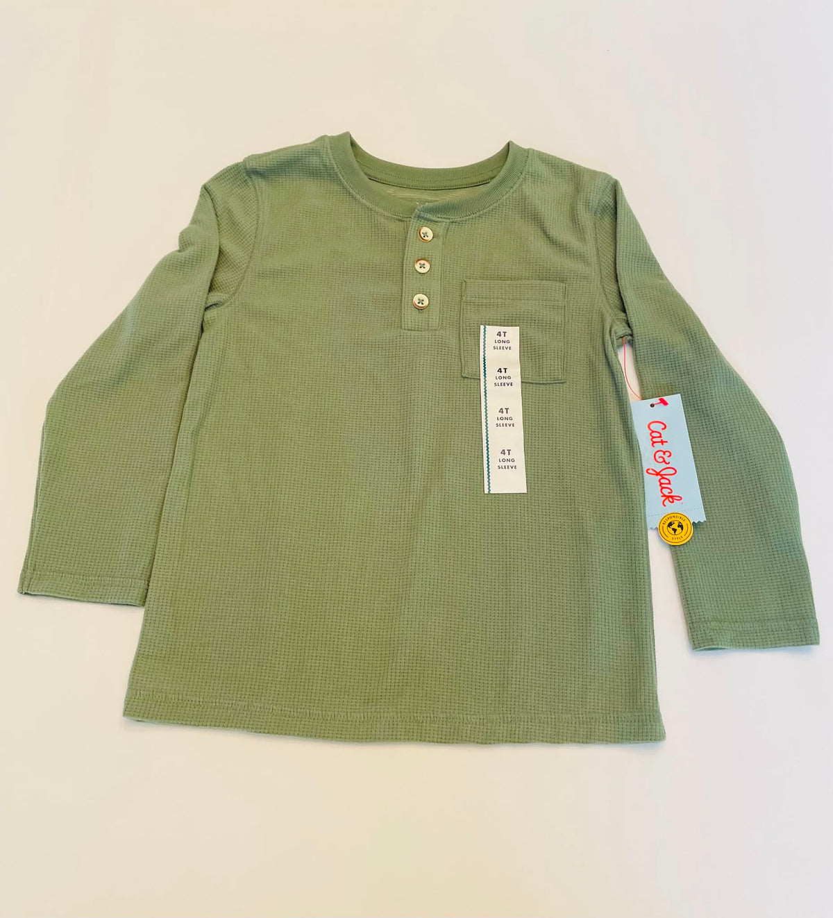 #54 - Boys 4T Cat & Jack Green Waffle Henley Long Sleeve - NWT
