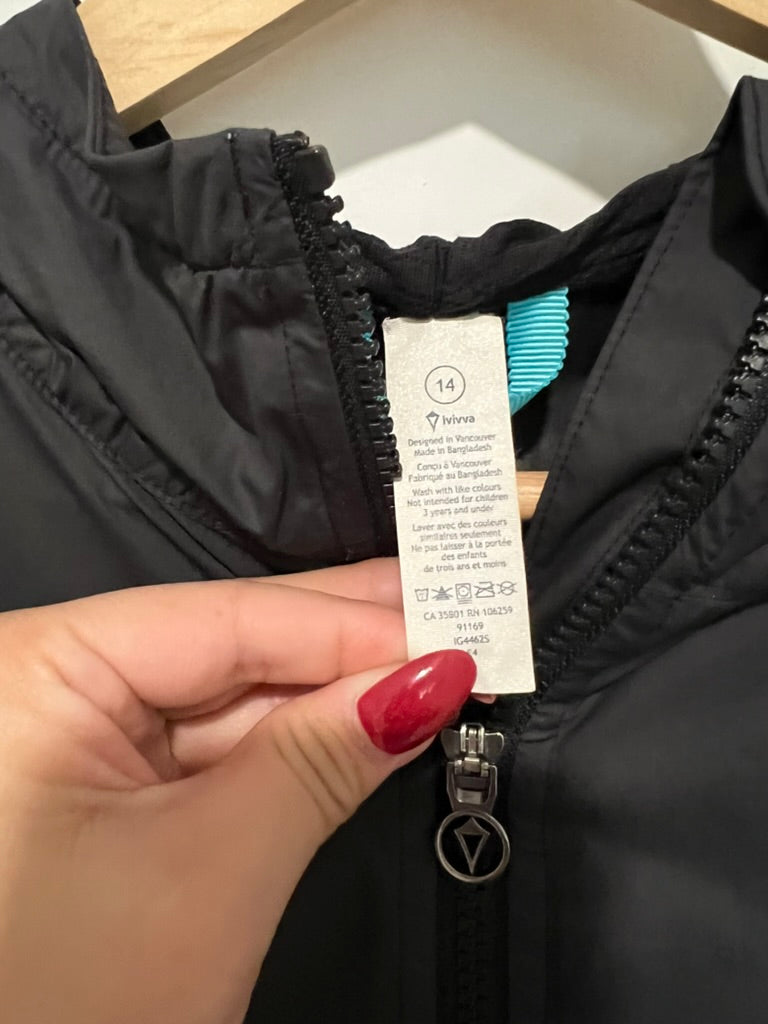 Seller #76- IVIVVA Lululemon Youth Girls 14 Black Windbreaker Jacket Full Zip Hooded Pockets