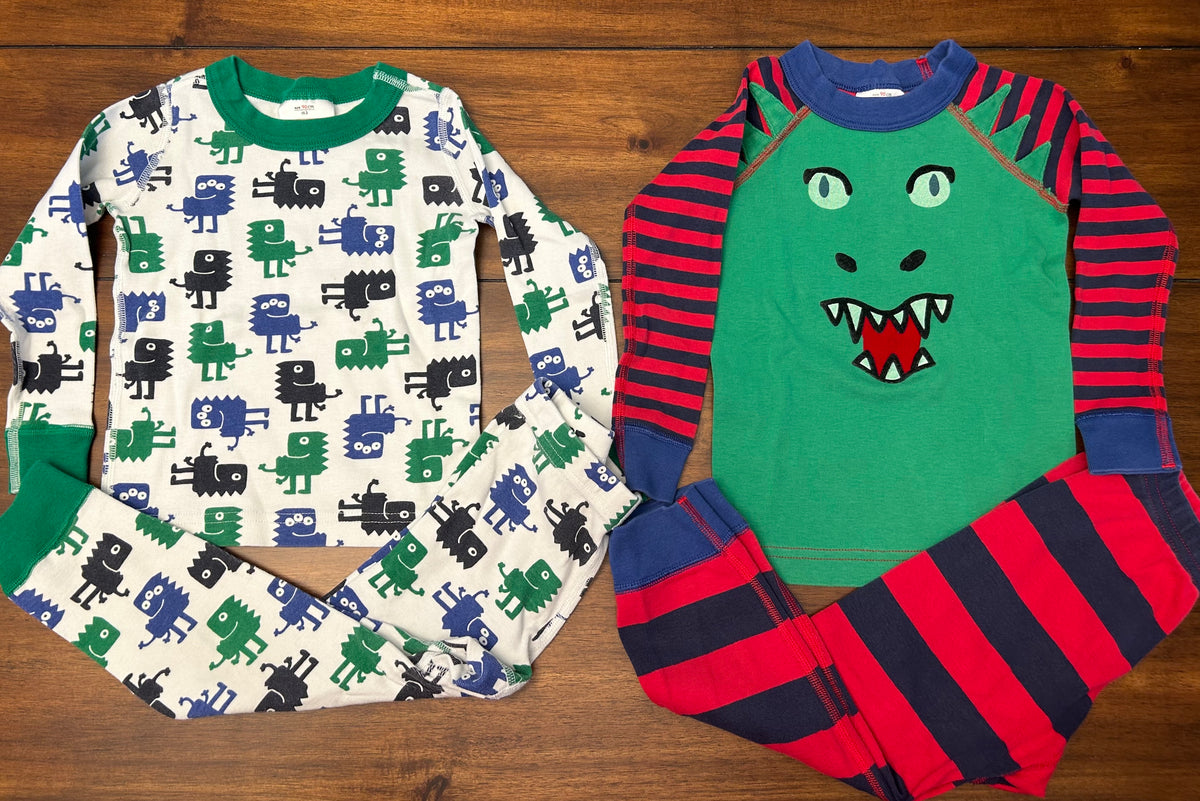 #197 Hanna Andersson Boys Size 3 (90) Green Blue & Red Dragon & Monster Pajama Set Bundle