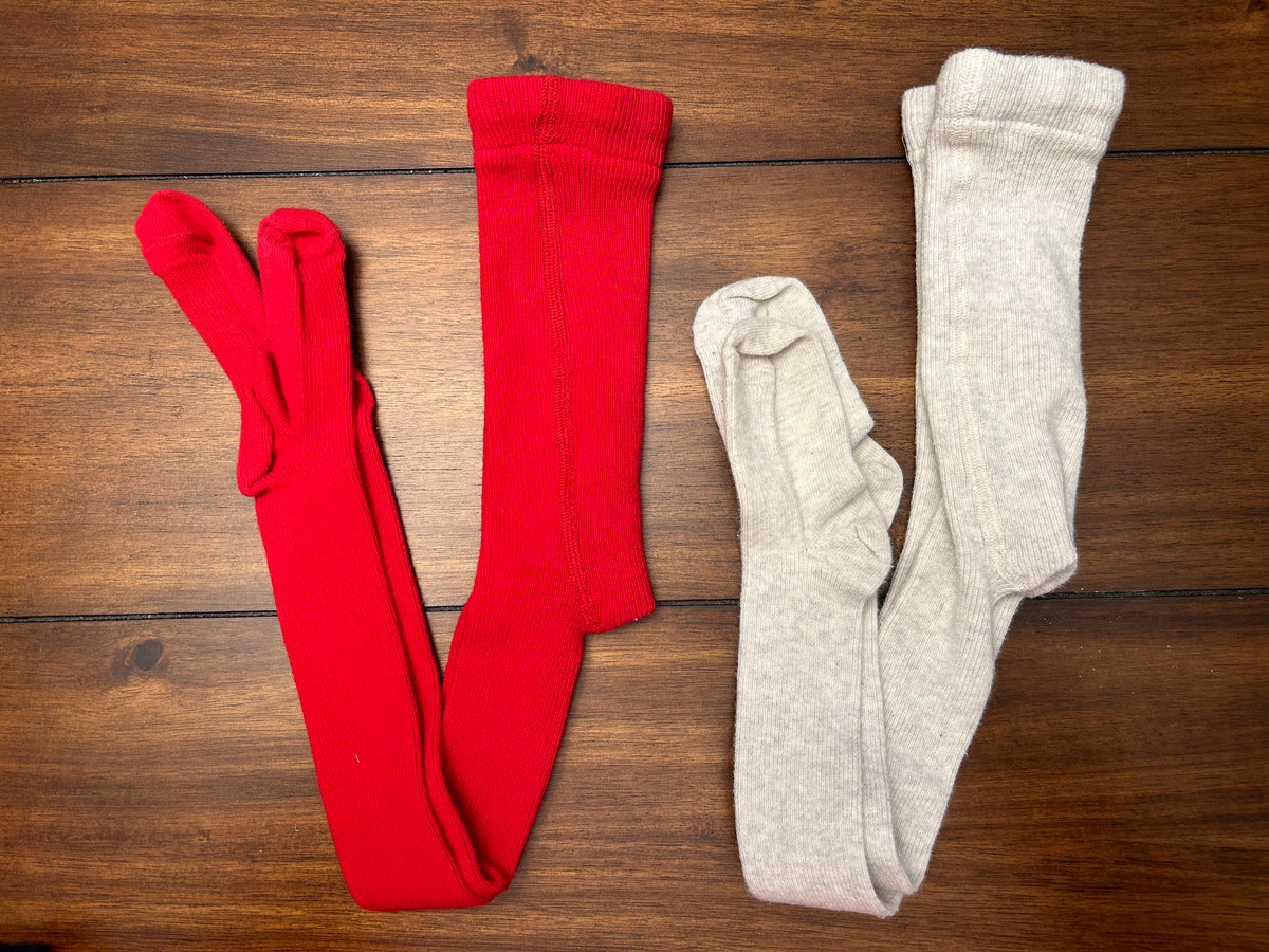 #197 Hanna Andersson Girls Size 2 (80) Red & Oatmeal Footed Tights Bundle