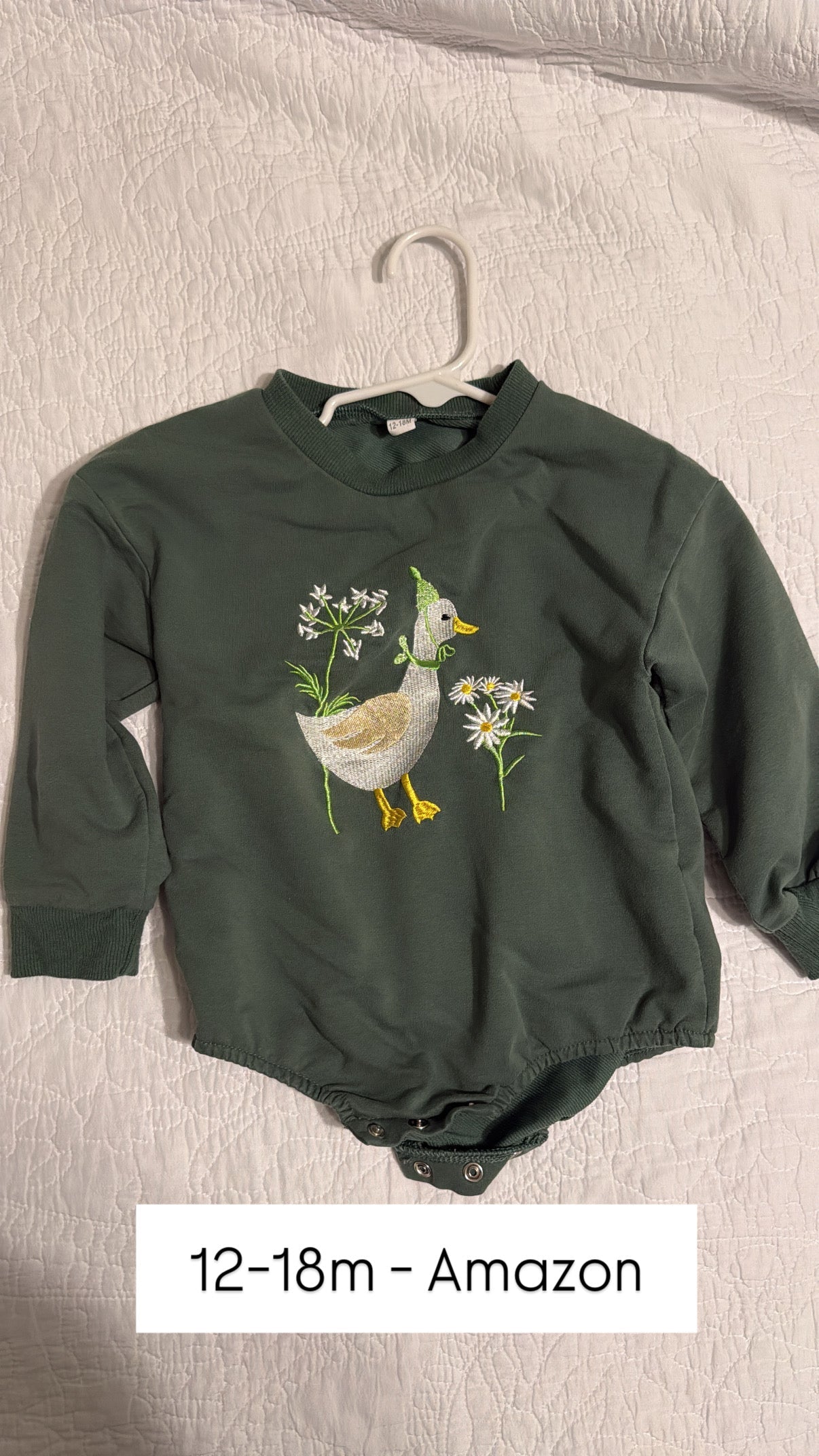 #52- Baby Girl Birthday Goose Onesie, Dark Green 12-18m