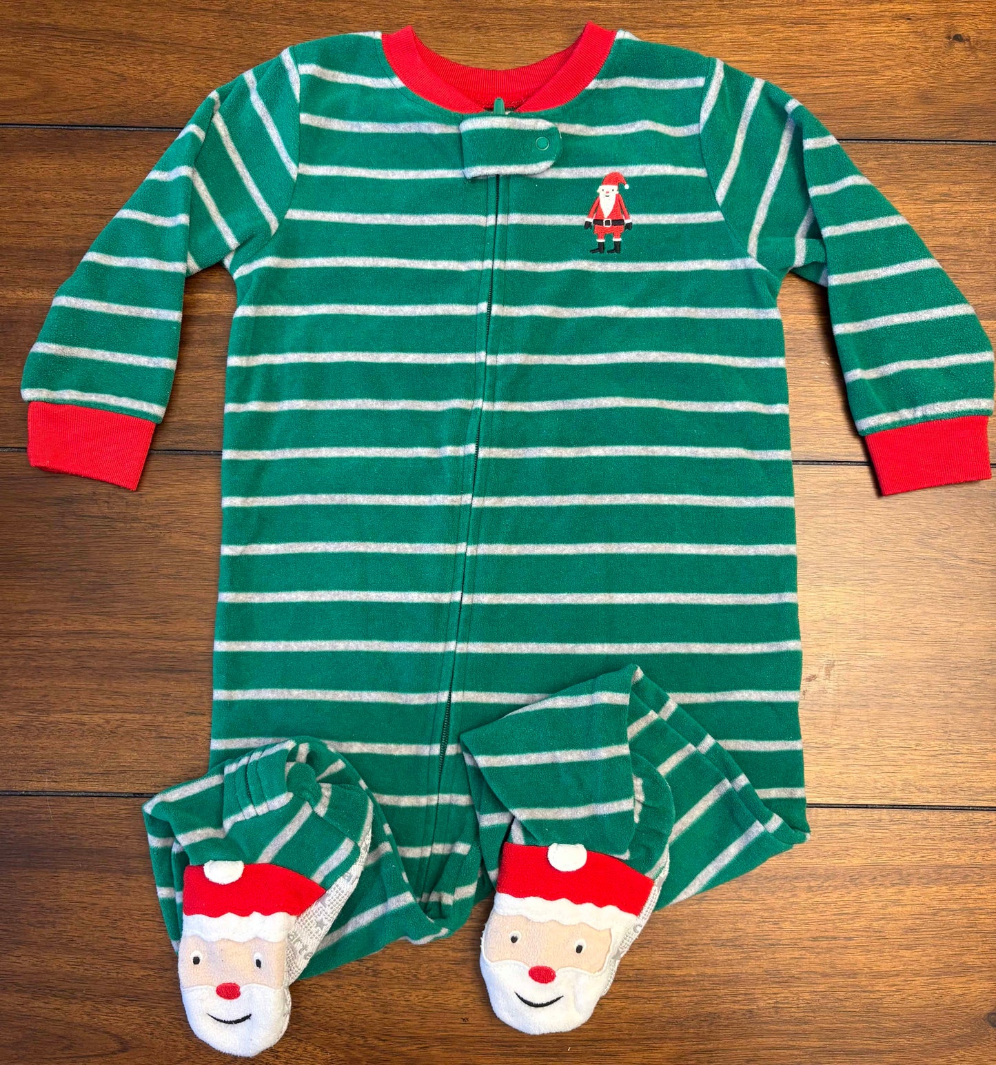 Seller #210 Carter's Boys Size 18M Green with Gray Stripes Santa Zipper Footed Sleeper