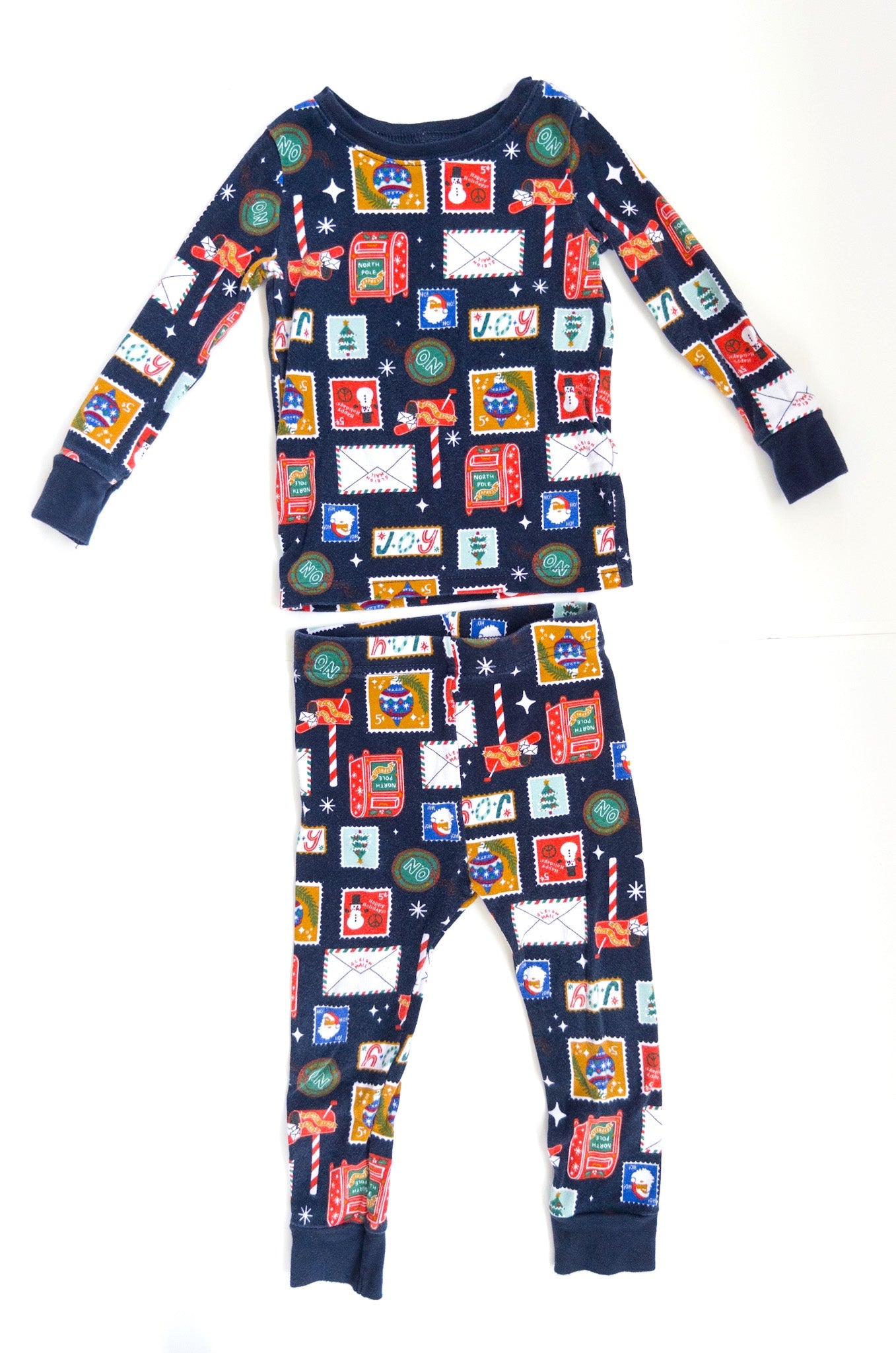 #153 Old Navy Blue Christmas Stamps Pajamas Size 2T