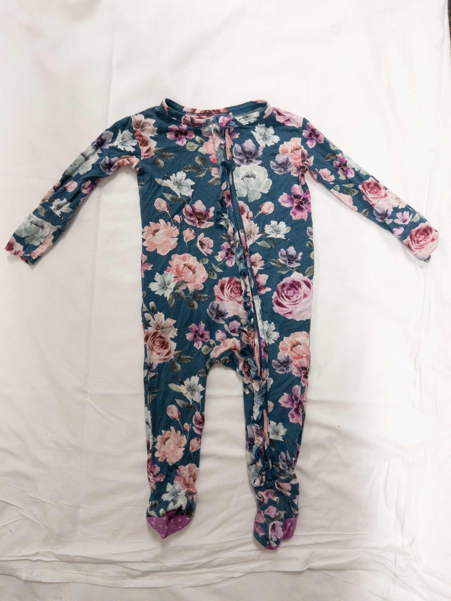 #151 girls posh peanut blue floral ruffle pajamas 9 month