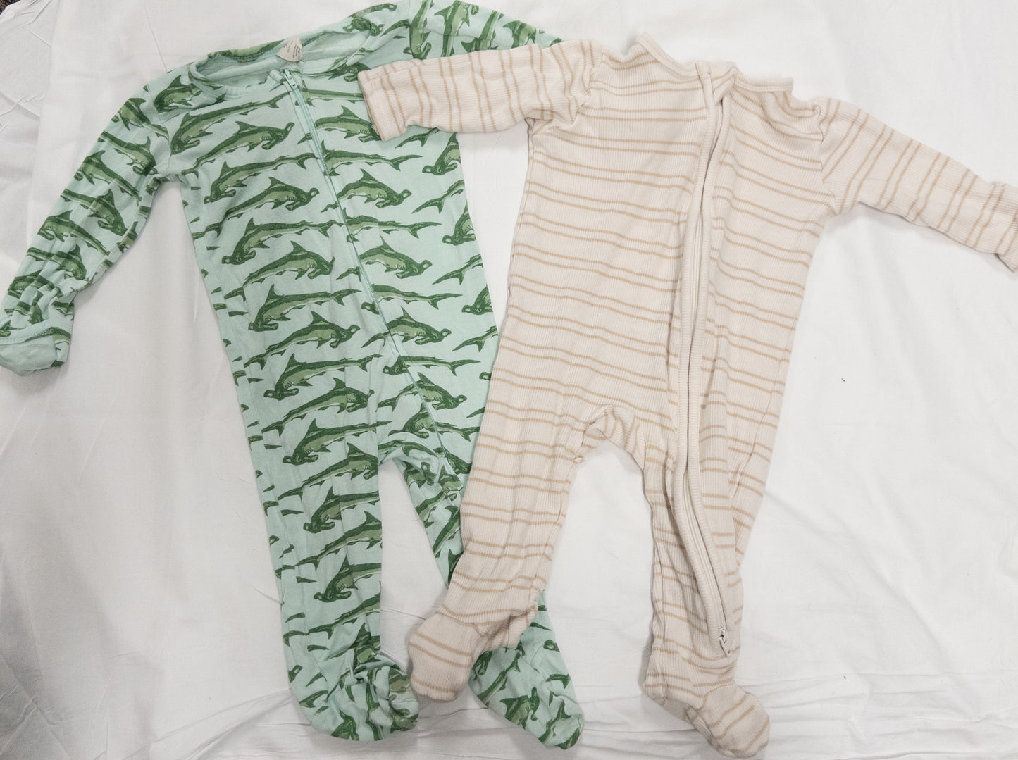 #151 boys 6-9 month sleepers. Sharks Kate and Quinn. White and beige stripes tullabee