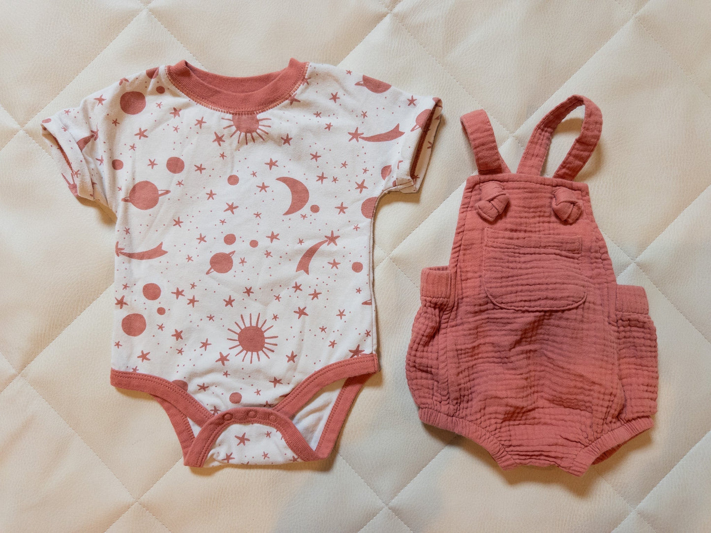 #151 Cat & Jack 0-3m clay colored muslin jumper + space onsie set - VGUC