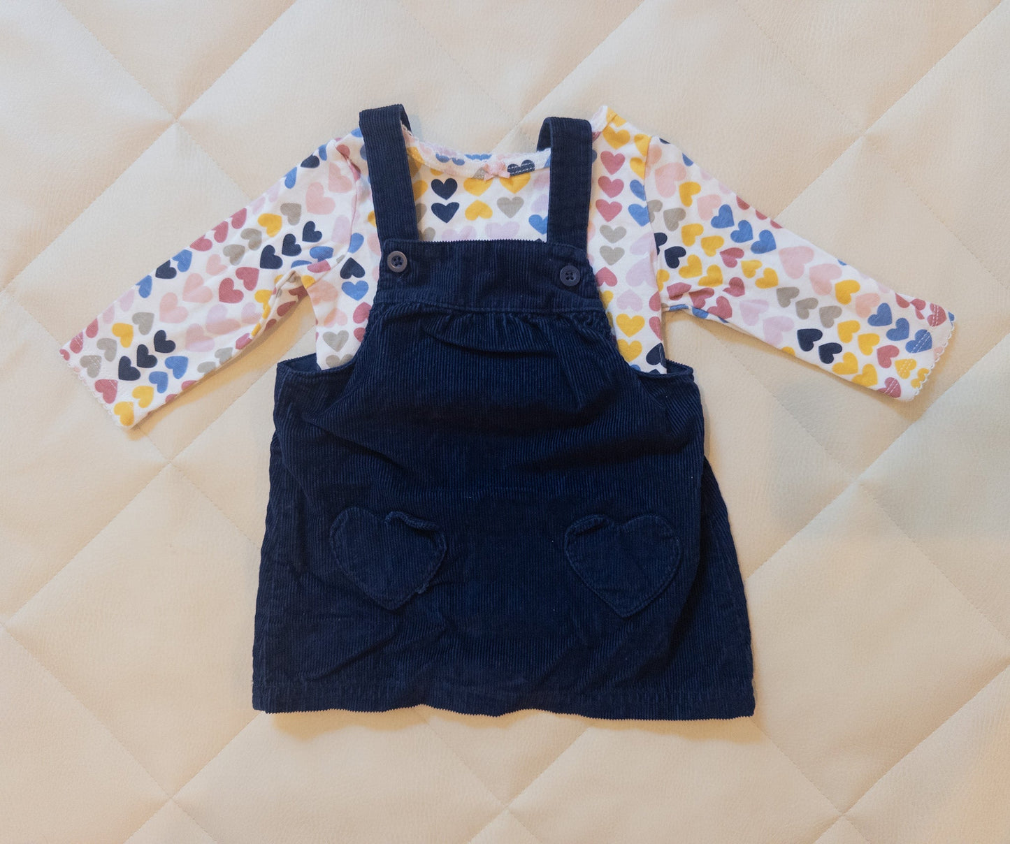 #151 Carter's 9m spring outfit, hearts long sleeve + navy corduroy jumper dress - EUC