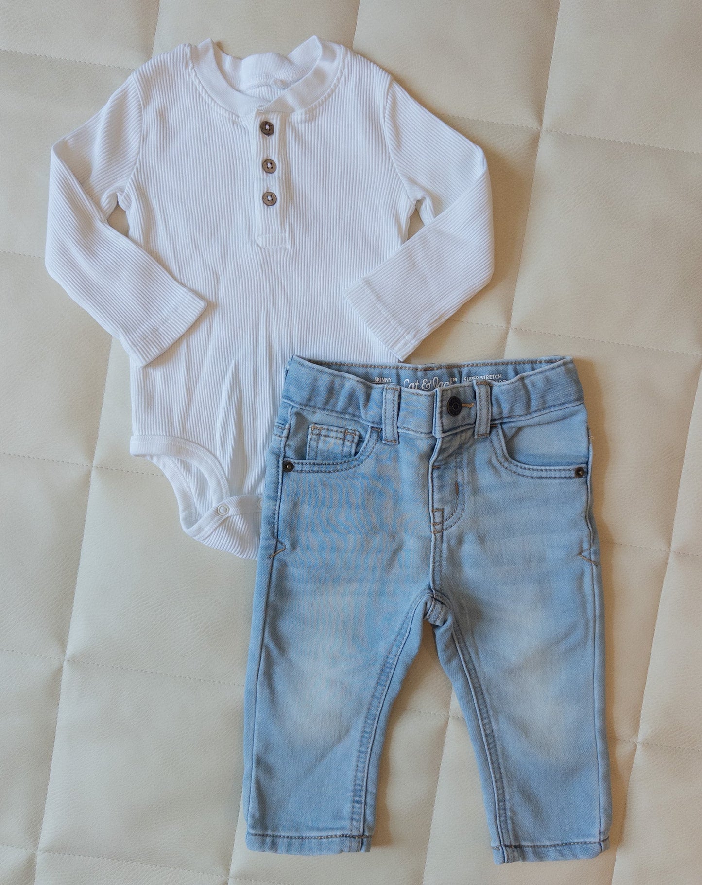 #152 12m bundle - Oliver Rain ribbed onesie + Cat & Jack jeans - EUC