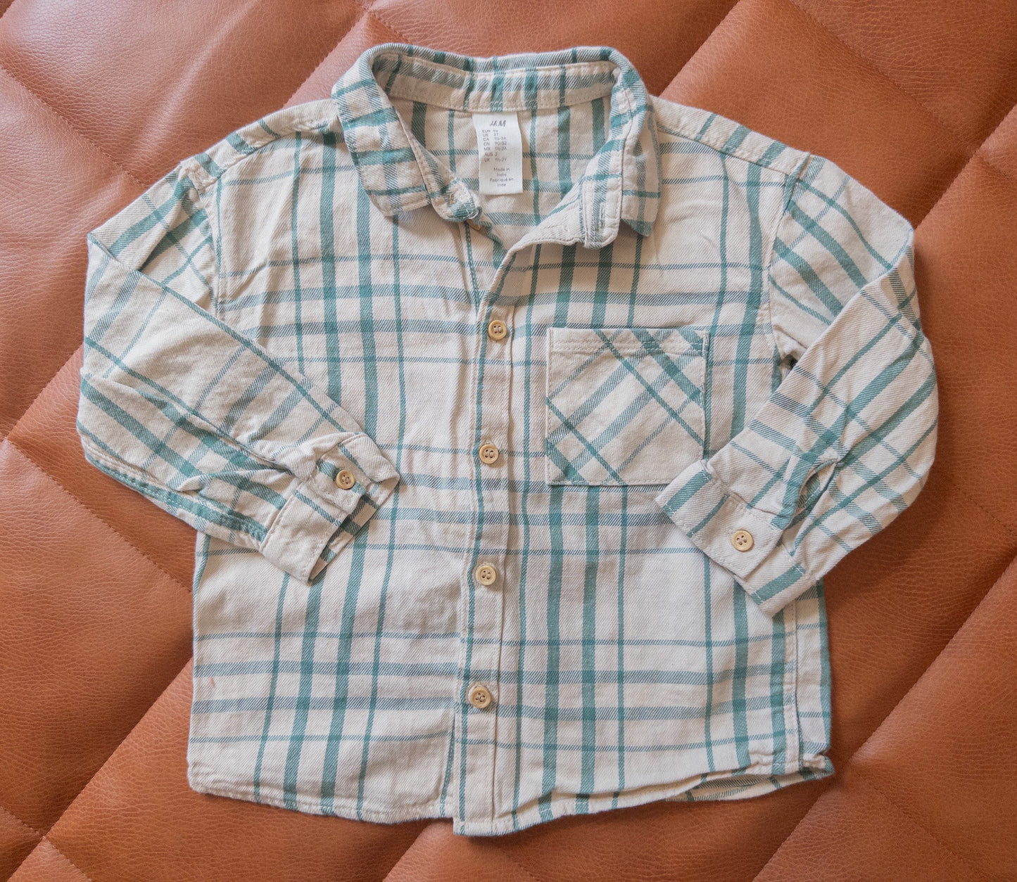 #152 H&M 2T off white & jade green flannel shirt - EUC