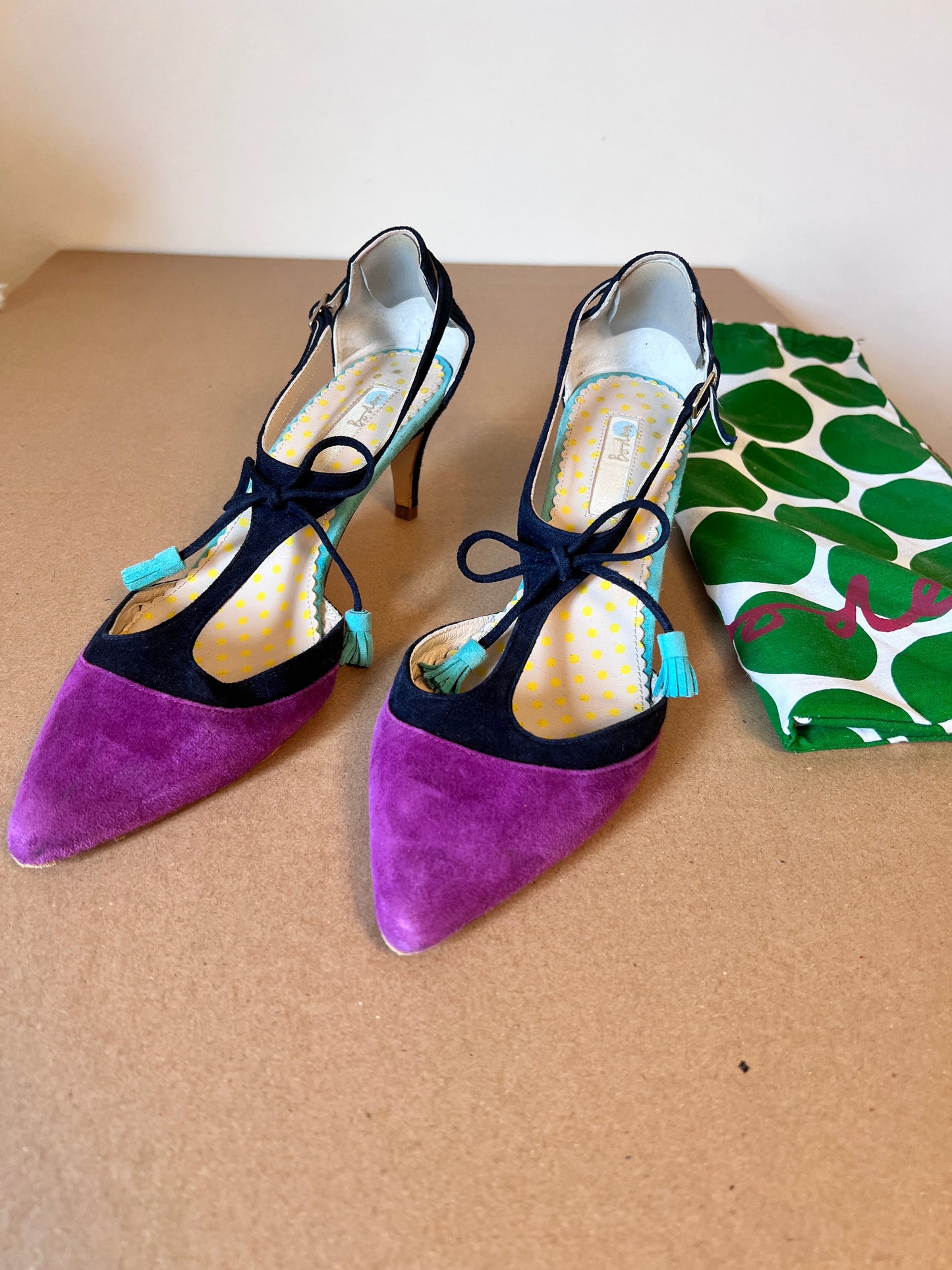 #176 - Boden women’s purple, black, turquoise kitten heels | 40