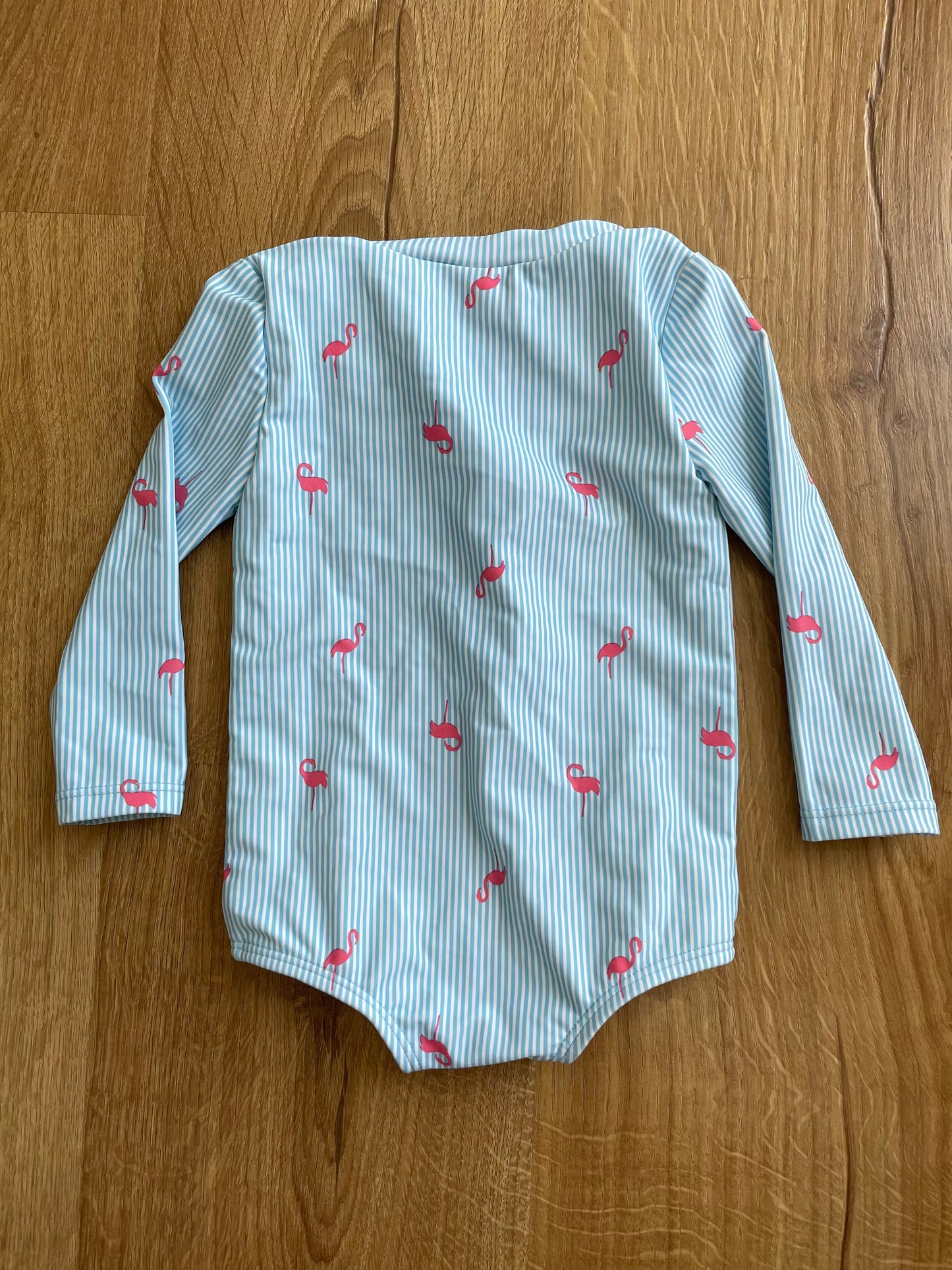 #6 - Girls Carter's Swim Suit Rash Guard, 9 months, blue striped with flamingos