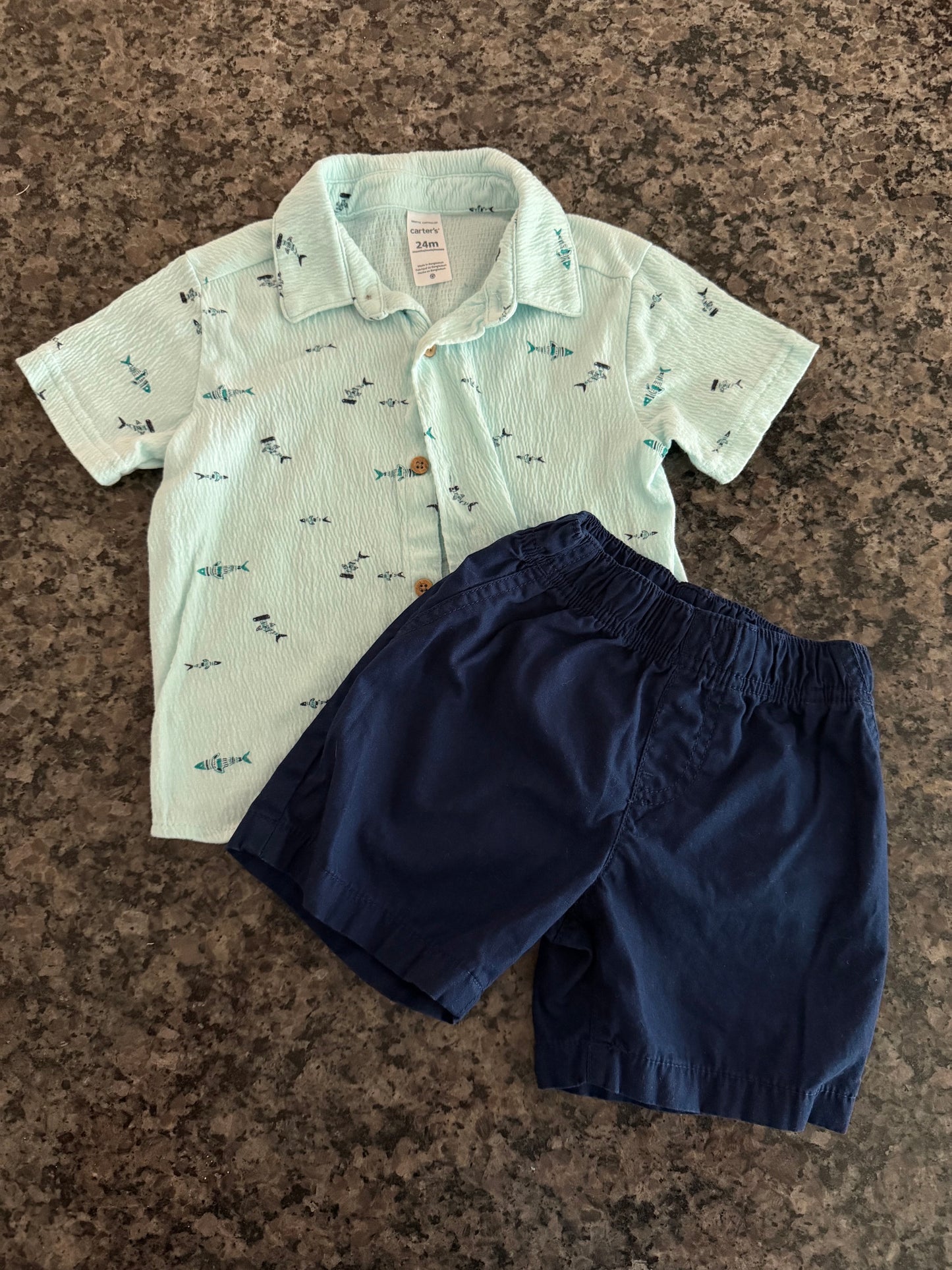 #42 Carters Boys 24M Shark Button Up and Shorts