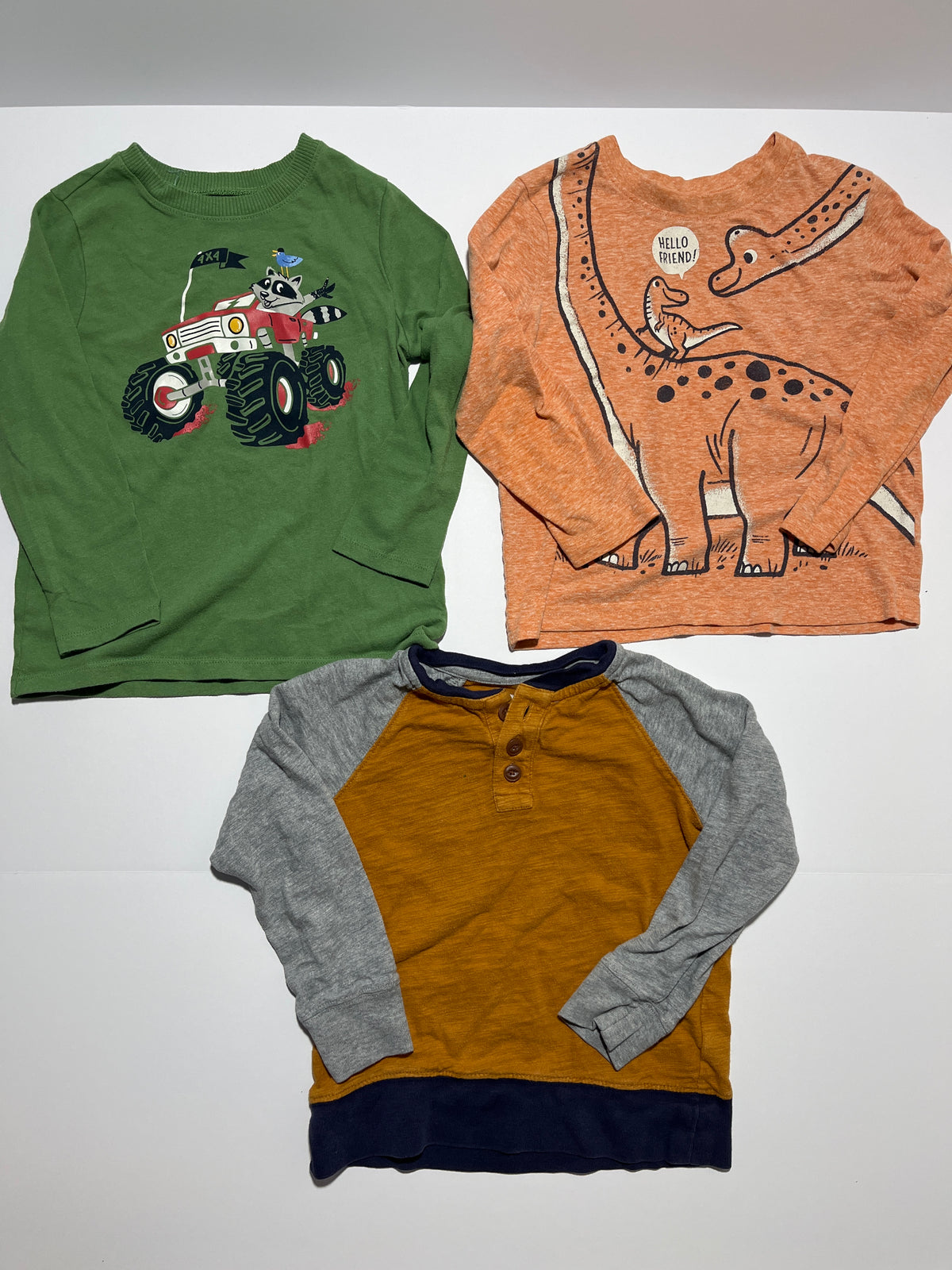 #150 boys size 5 shirt lot Dino, raccoon, orange blue