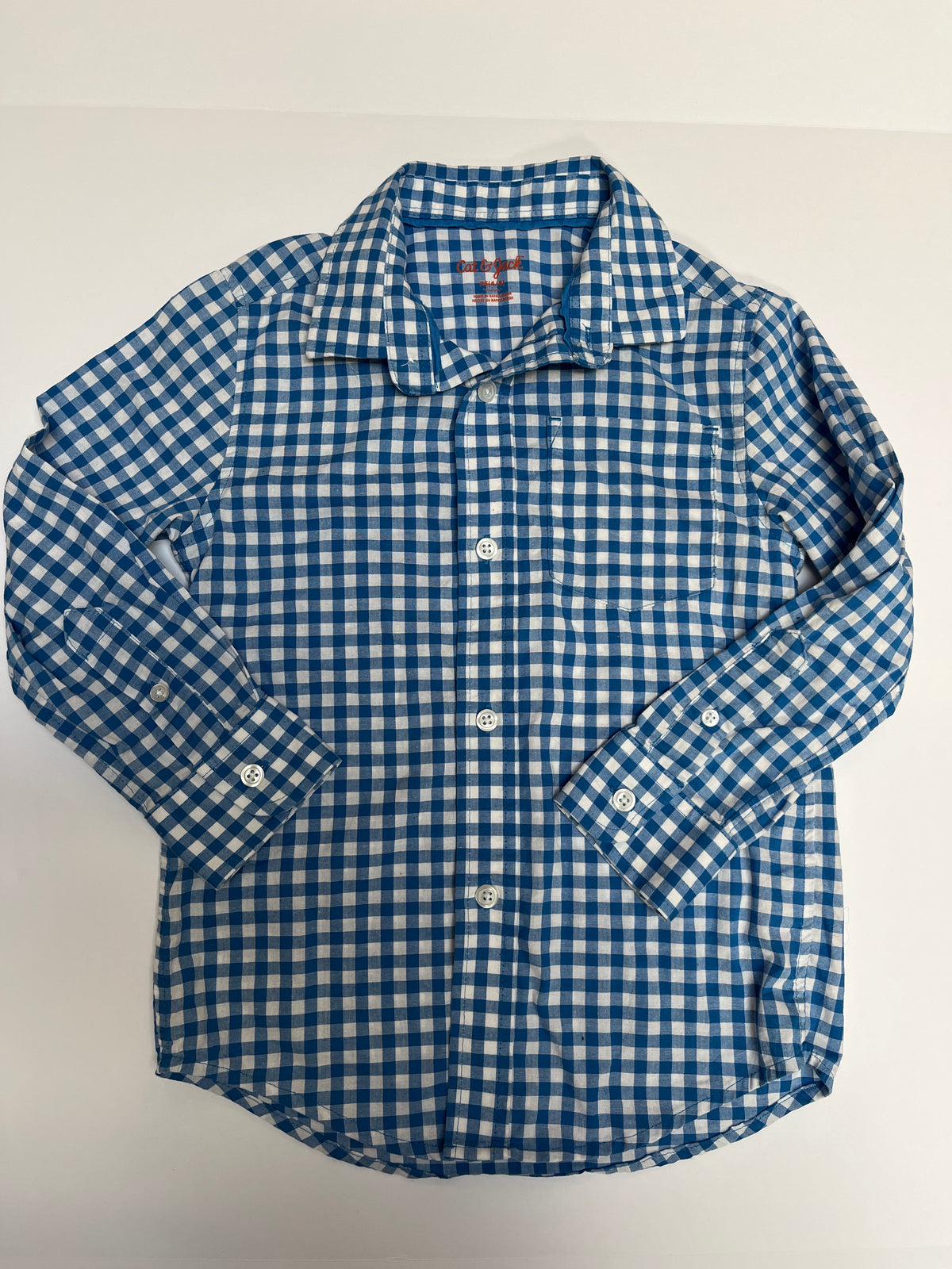 #150 boys xs 4/5 cat and jack blue plaid button down shirt