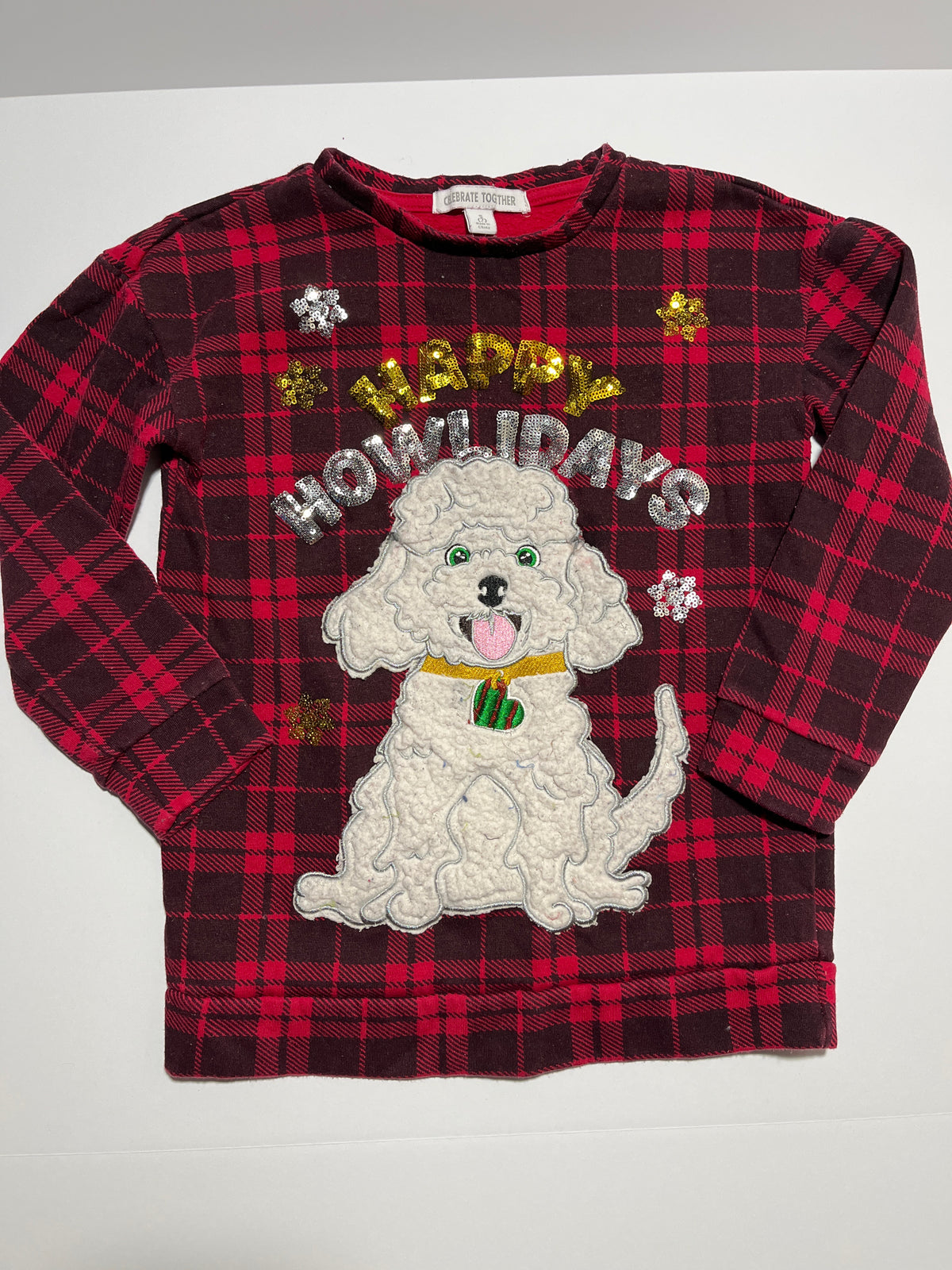 #150 girls 7 celebrate together plaid dog sweatshirt