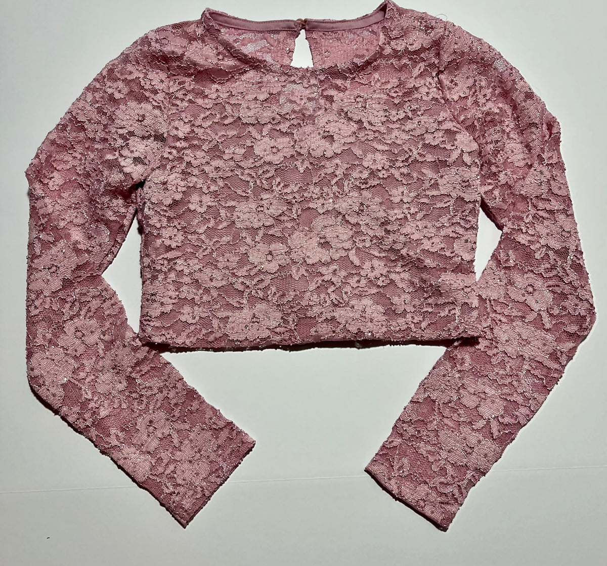 #150 girls 8 speechless kids pink lace cropped sparkly shirt