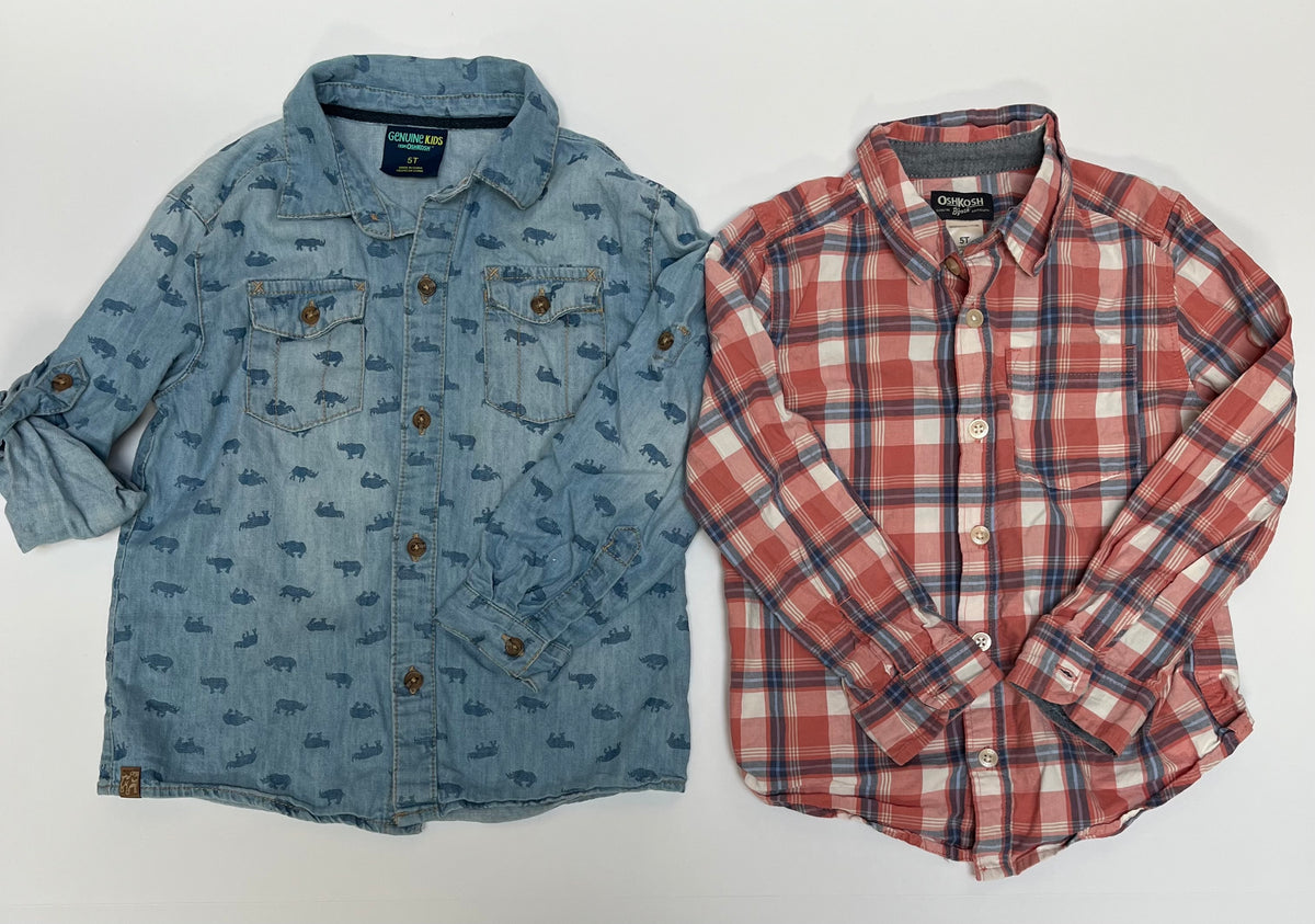 #150 boys size 5t osh kosh button down shirts chambray rhino and coral plaid