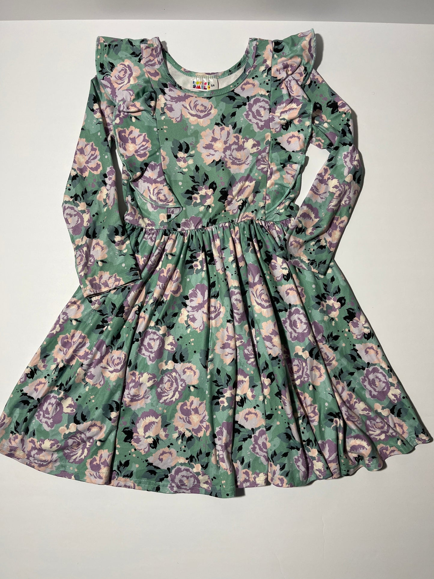#150 reduced girls size 5/6 dot dot smile teal floral ruffle dress