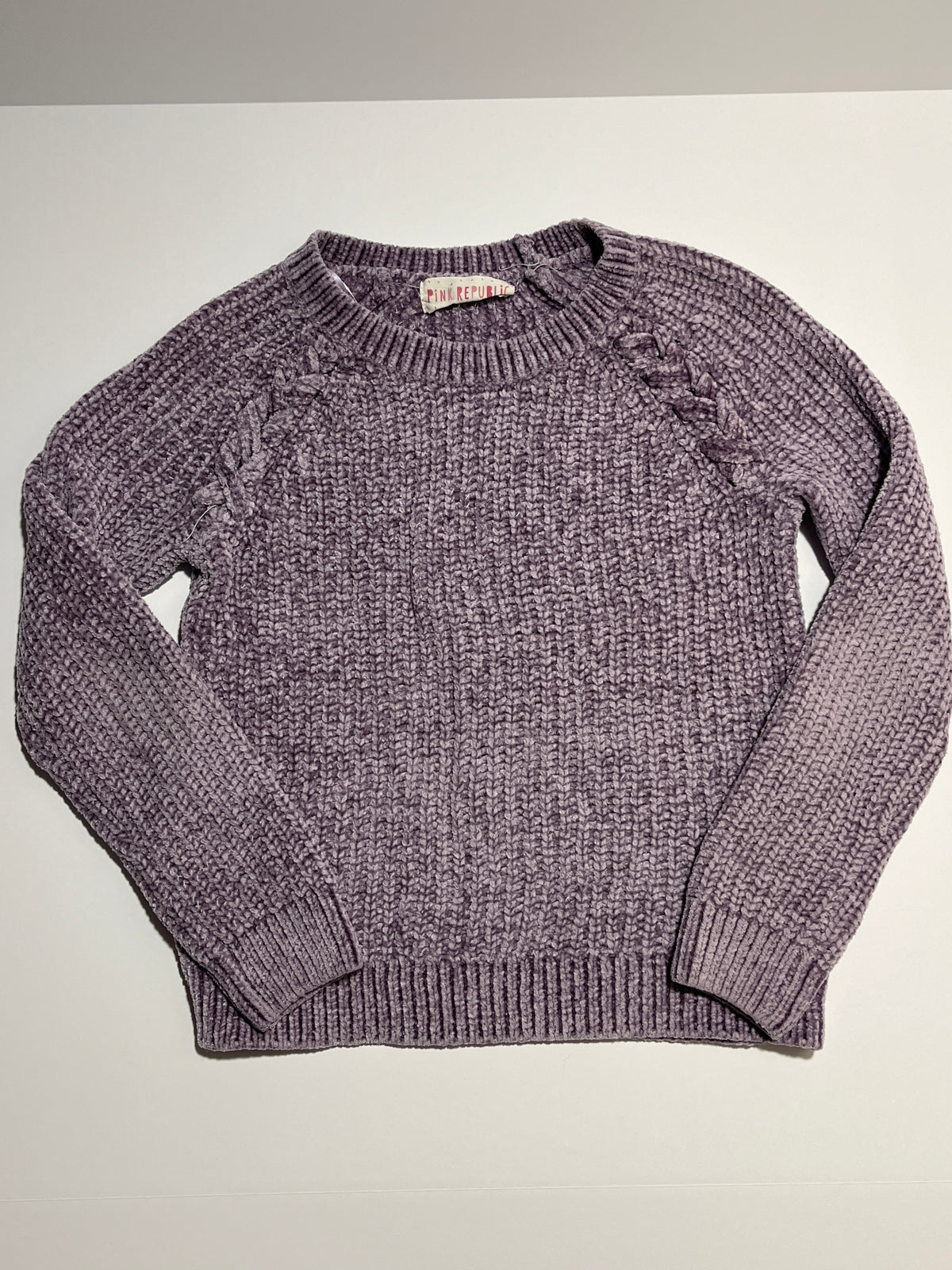 #150 girls 7/8 pink republic purple chenille sweater
