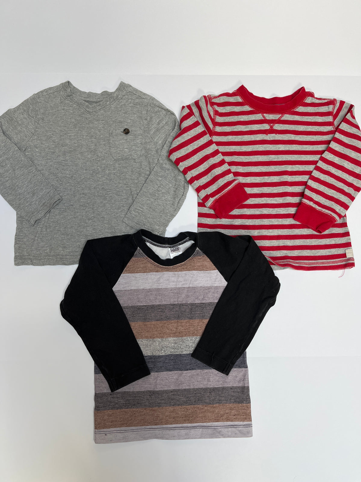 #150 boys 4t long sleeve shirt bundle. Gray red stripe brown black stripe various brands.