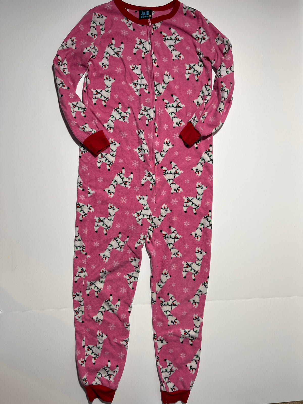 #150 girls 7/8 jelli fish kids fleece one piece footless pajamas pink llama