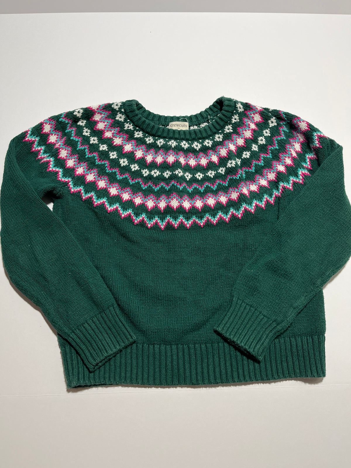 #150 girls 8-9 crew cuts green pink fairisle sweater