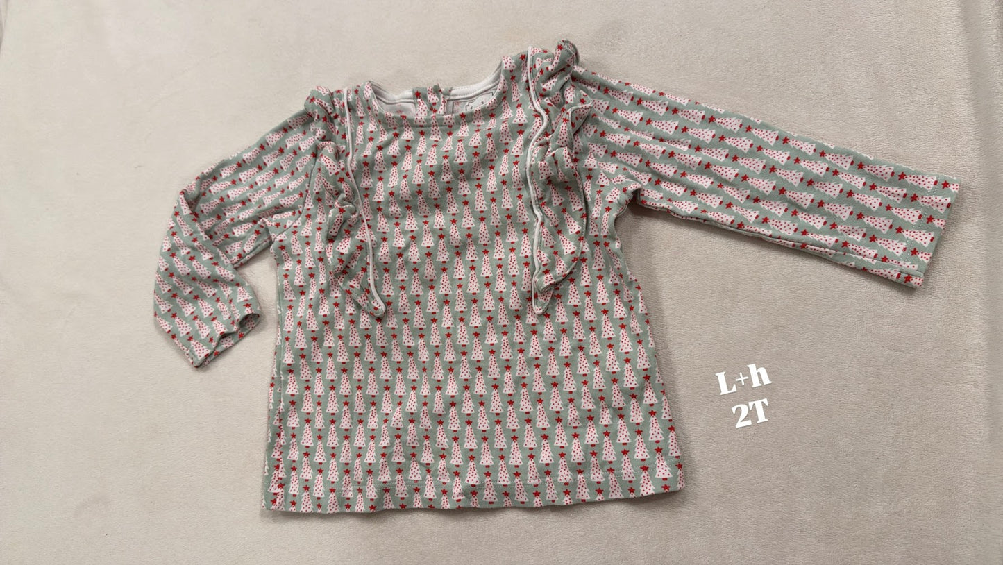 #145 L+H christmas tree ruffle shirt Girls 2T EUC