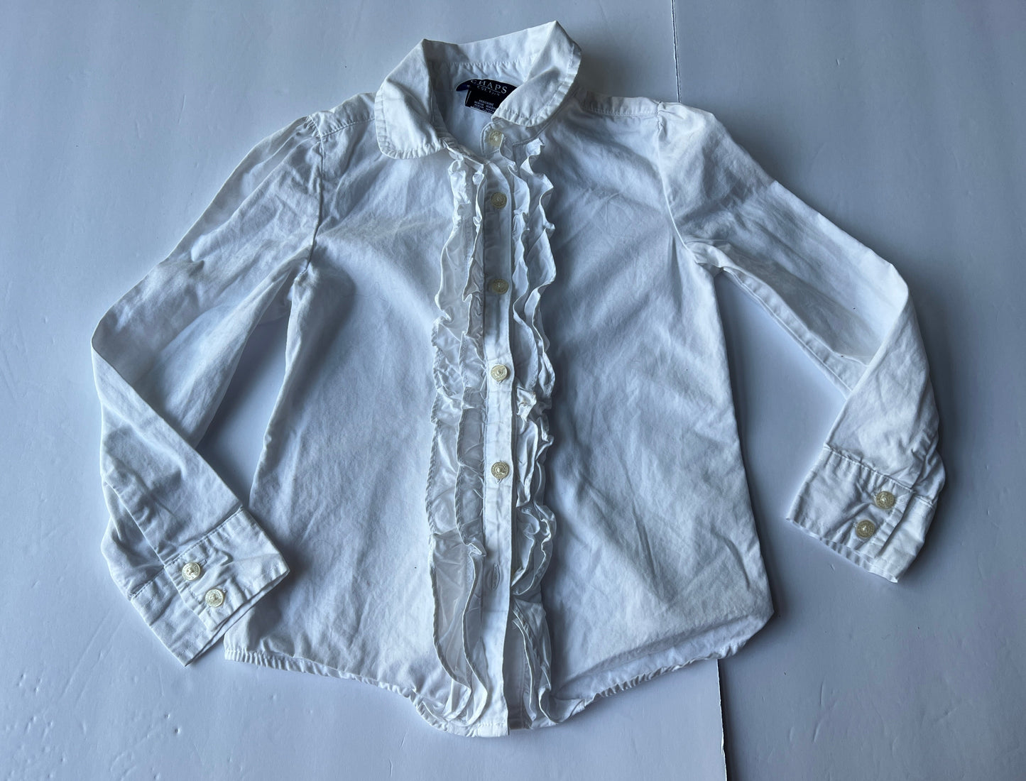 #180 Girls 4T Chaps VGUC White Ruffle Button Down Shirt