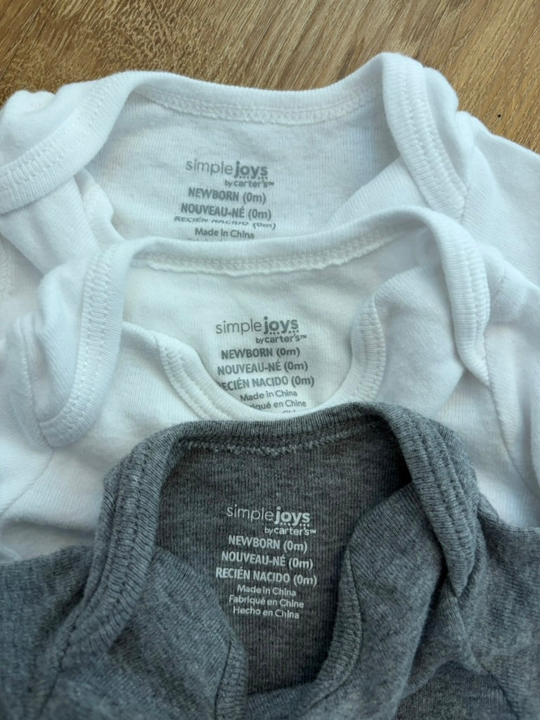 #6 - Carters Simple Joys Long Sleeved Onesies/Bodysuits - Set of 3, White and Grey - Gender Neutral - Newborn